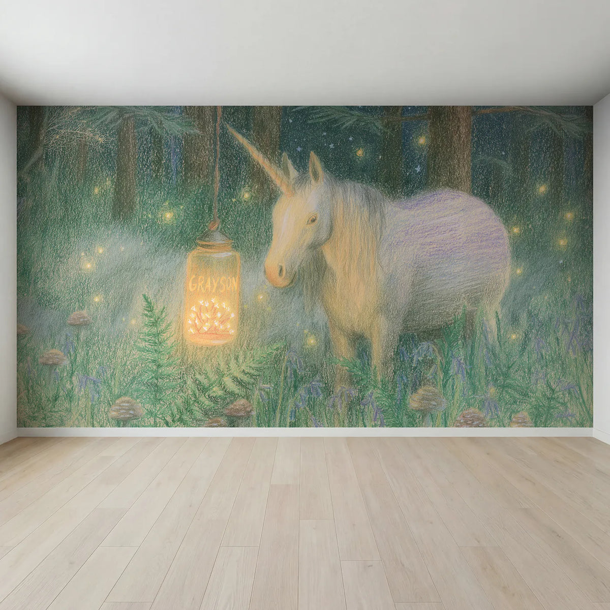 Full view of Fairy Lantern and Unicorn Personalized Wall Mural by Whimsy Tots