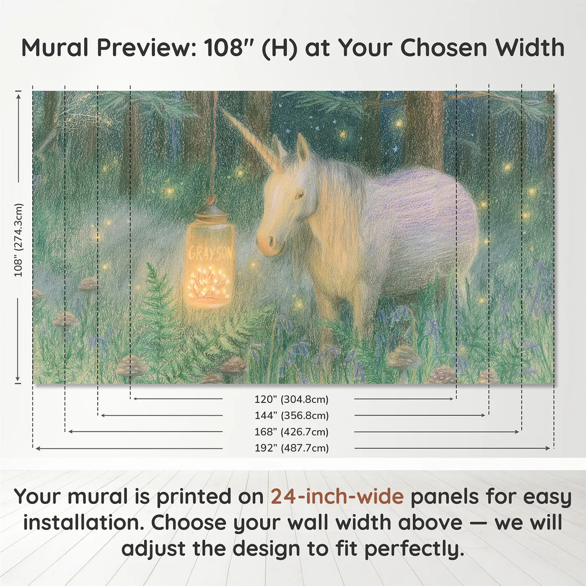 Panel layout and dimensions for Fairy Lantern and Unicorn Personalized Wall Mural by Whimsy Tots