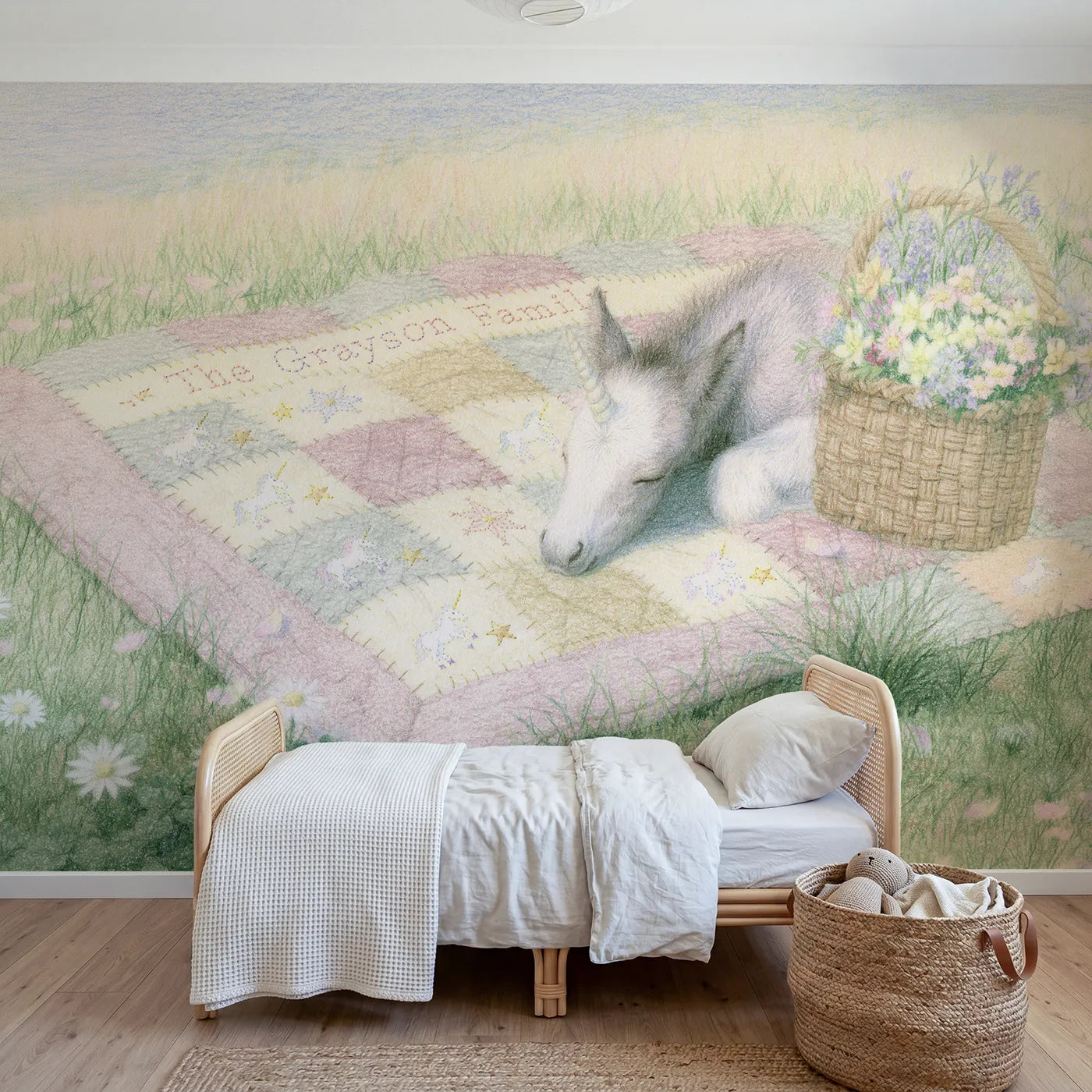 Colored pencil unicorn quilt personalized wall mural with stitched family name band by Whimsy Tots