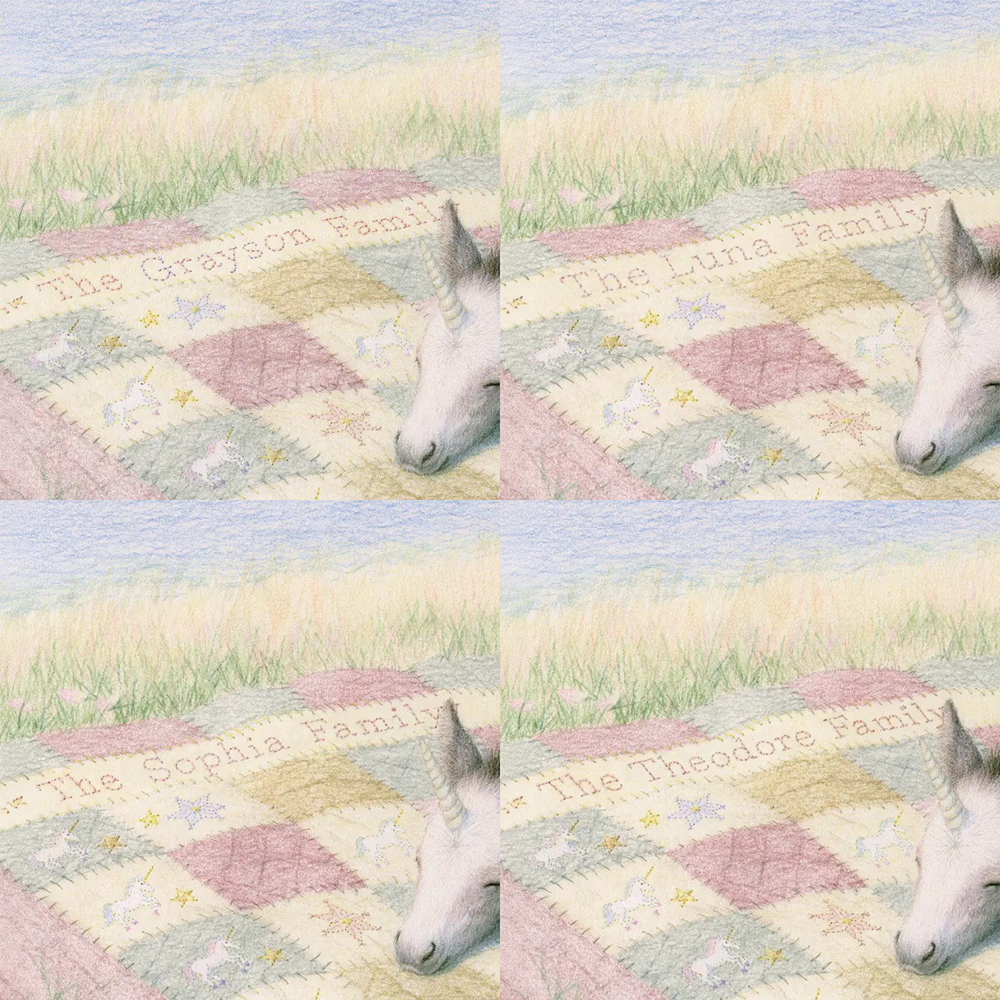 Four name preview examples of Family Unicorn Quilt Personalized Wall Mural by Whimsy Tots