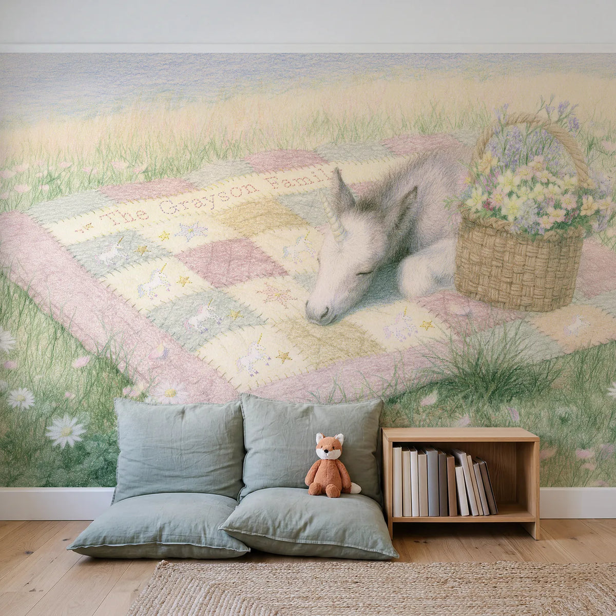 Family Unicorn Quilt Personalized Wall Mural in playroom setting by Whimsy Tots