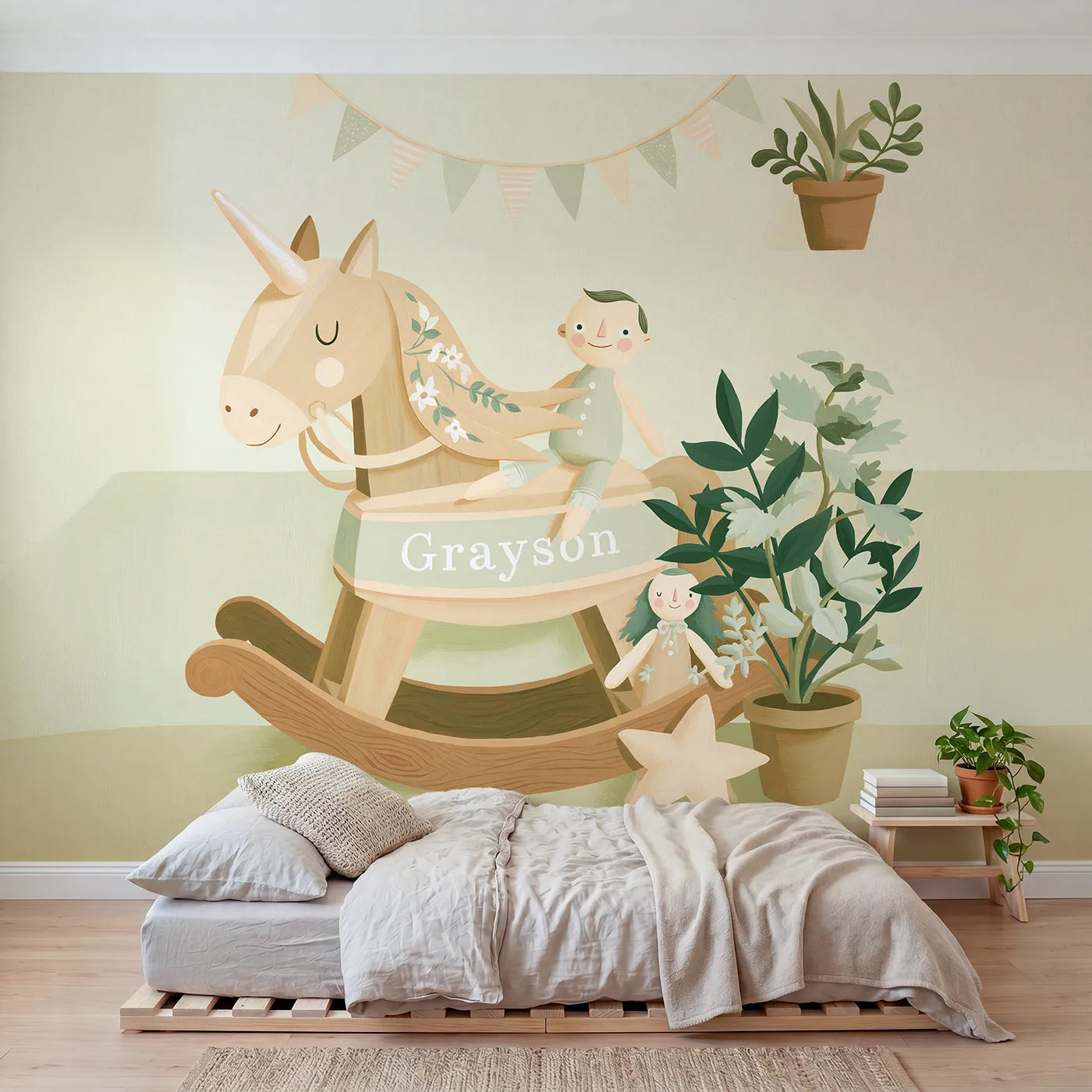 Modern illustration unicorn rocking horse personalized wall mural with painted name band by Whimsy Tots