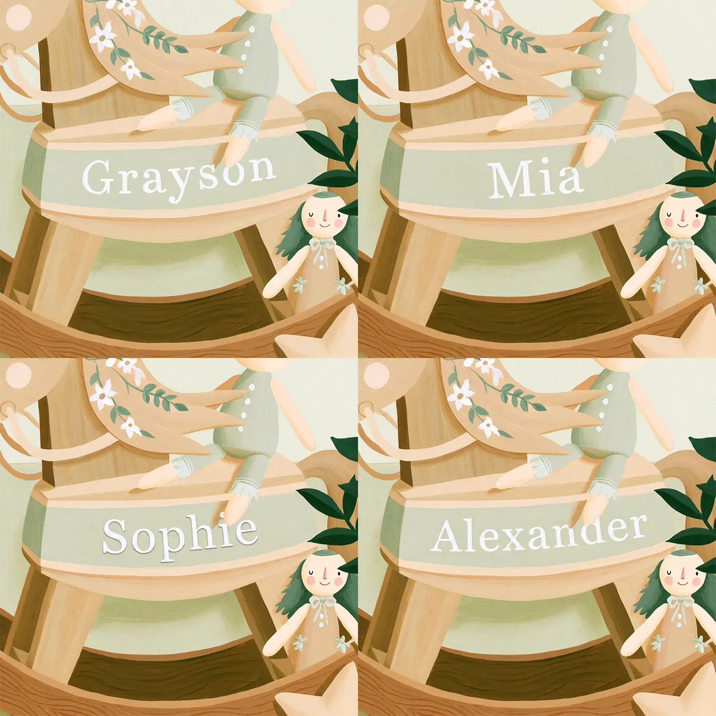Four name preview examples of Flat Unicorn Rocking Horse Personalized Wall Mural by Whimsy Tots