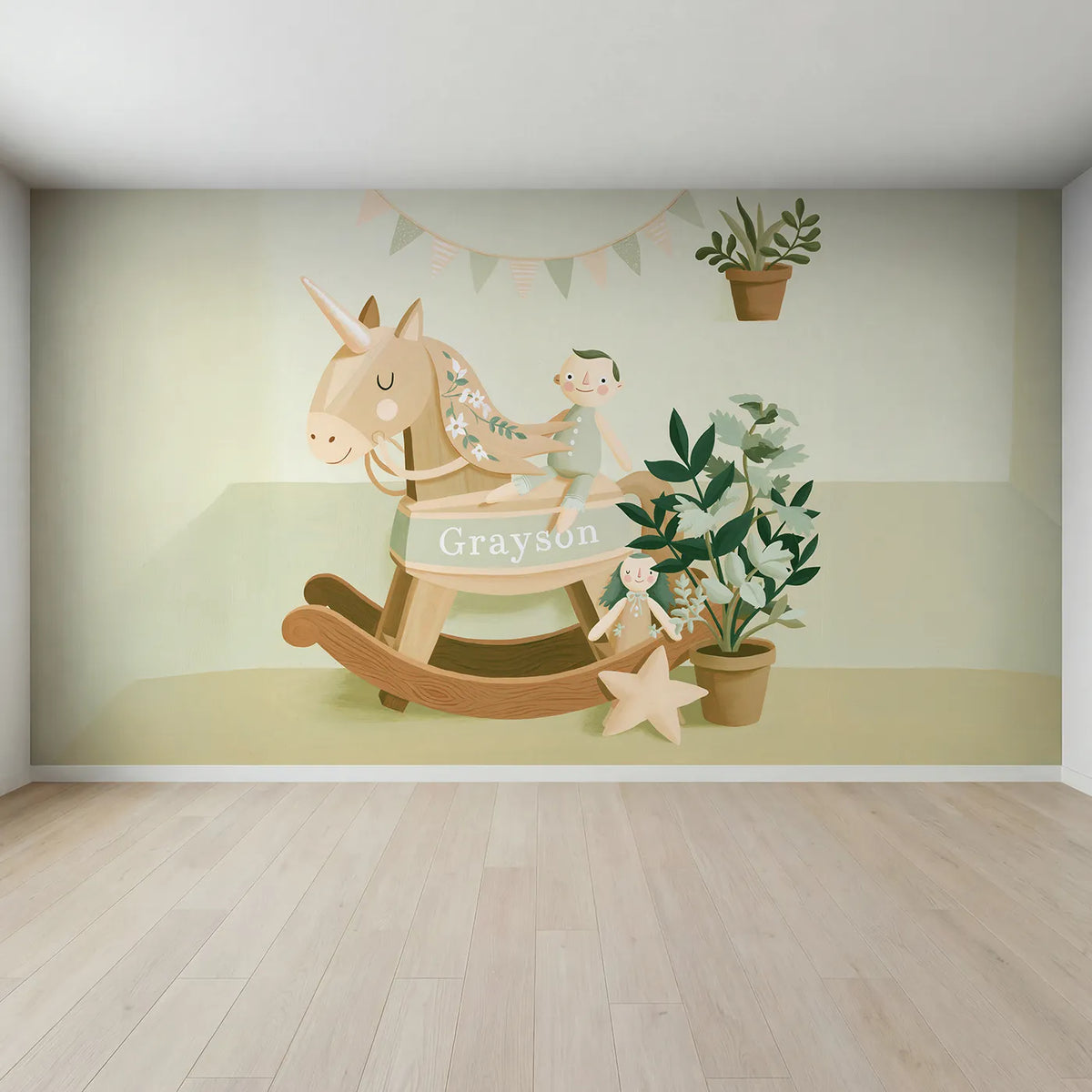 Full view of Flat Unicorn Rocking Horse Personalized Wall Mural by Whimsy Tots