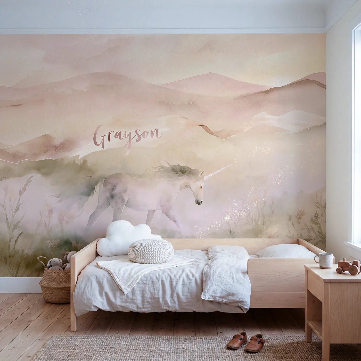 Watercolor misty vale unicorn personalized wall mural with lettered silk mane ribbon by Whimsy Tots