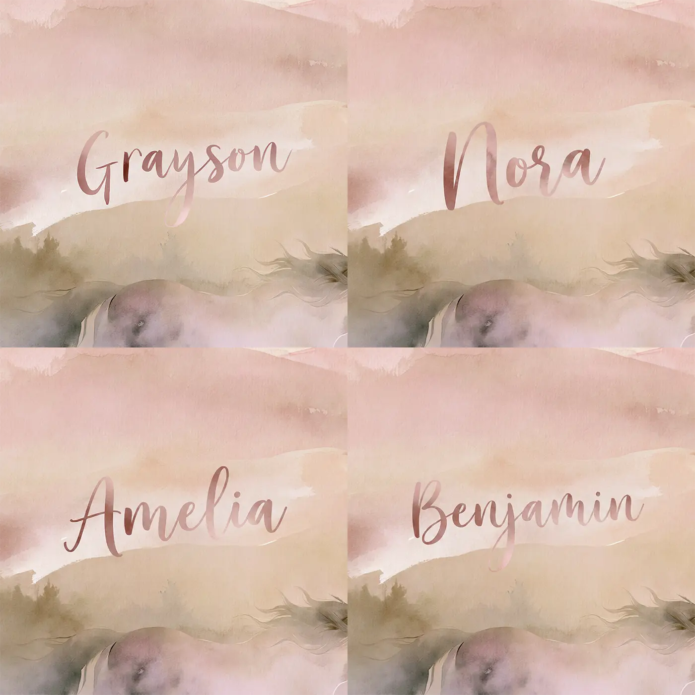 Four name preview examples of Misty Vale Silk Ribbon Personalized Wall Mural by Whimsy Tots