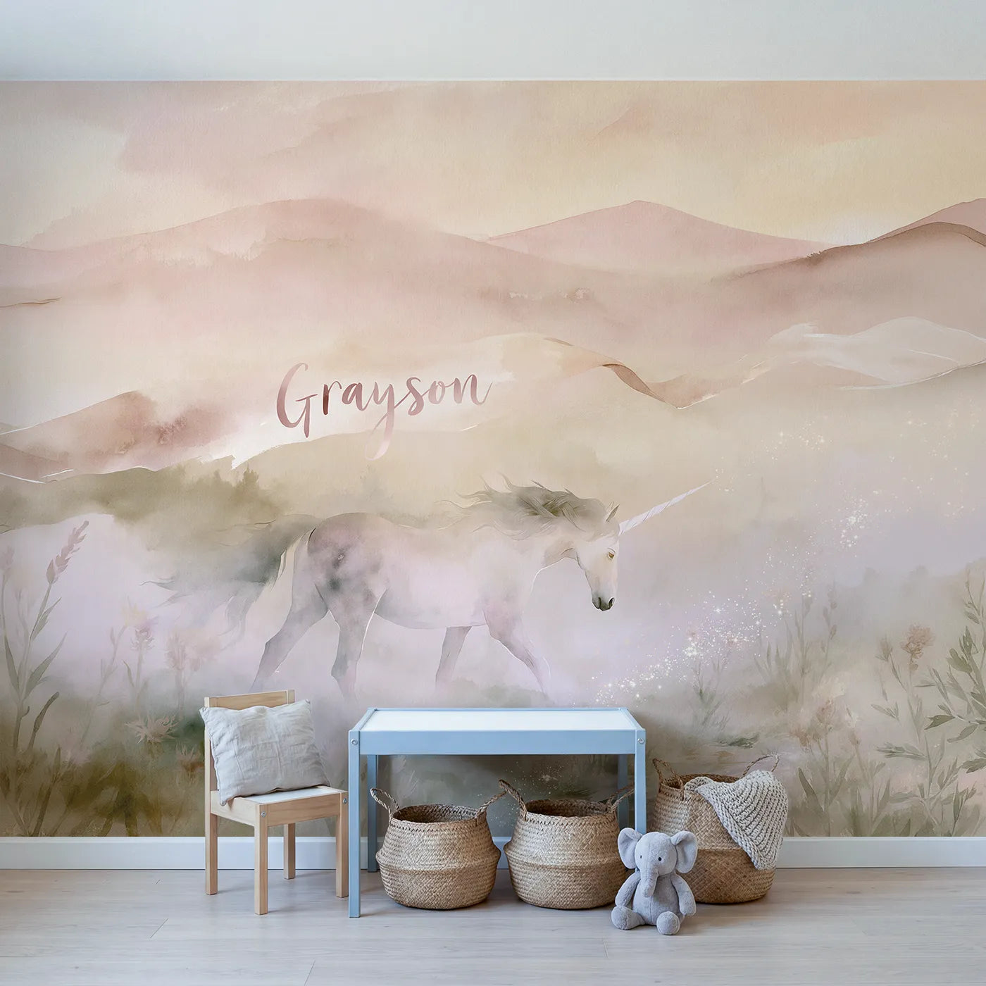 Misty Vale Silk Ribbon Personalized Wall Mural in playroom setting by Whimsy Tots