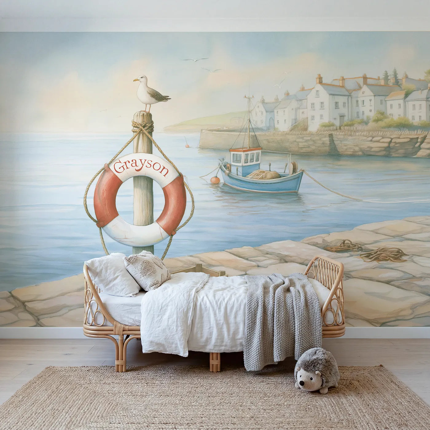 Storybook harbour life ring personalized wall mural with painted curved name by Whimsy Tots