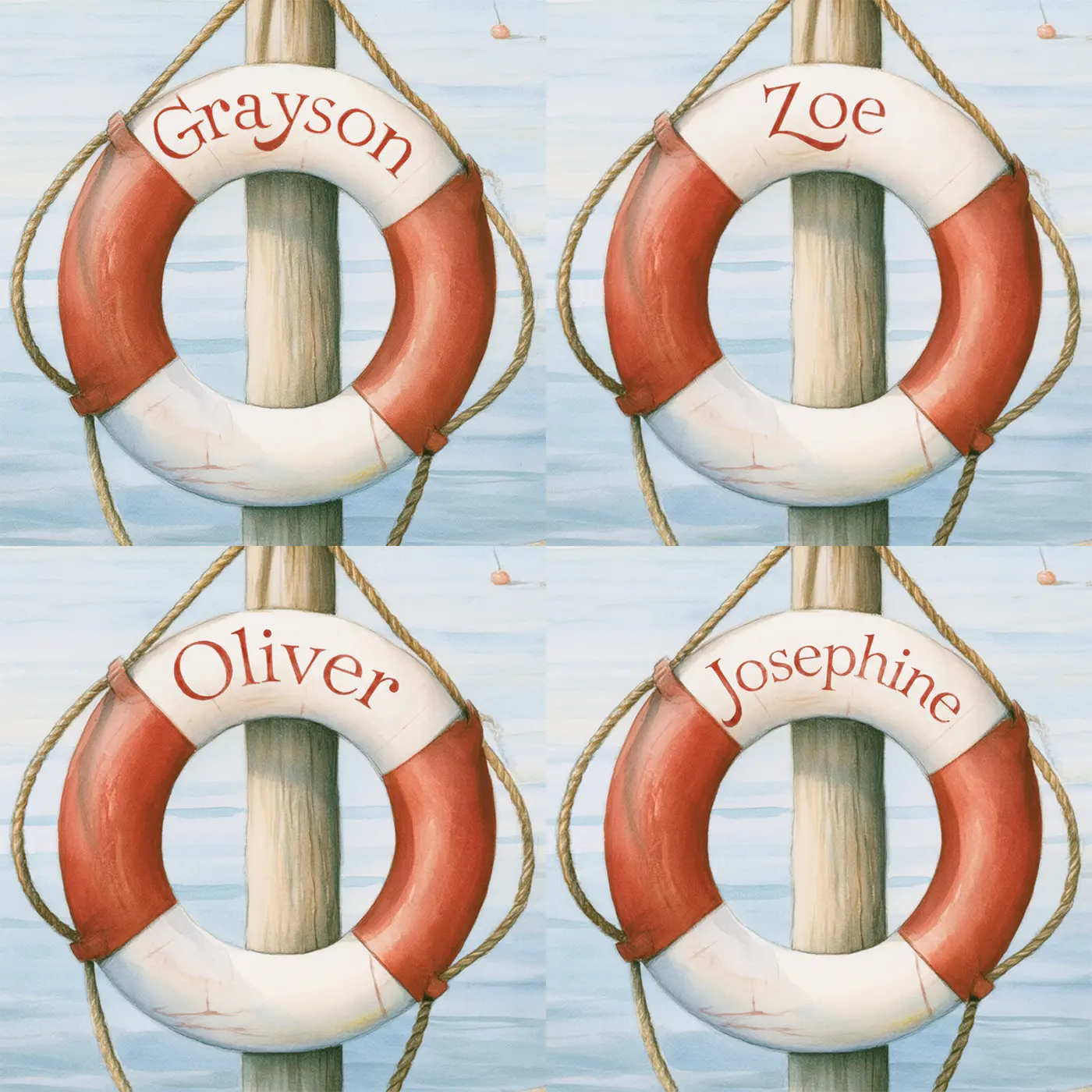 Four name preview examples of Harbour Life Ring Personalized Wall Mural by Whimsy Tots