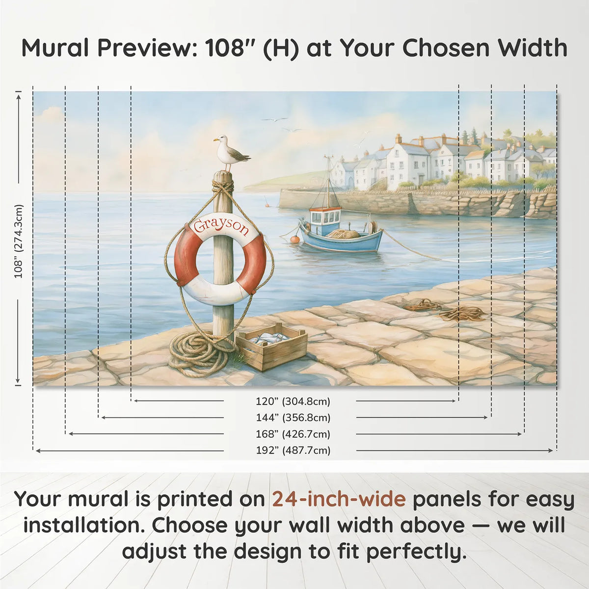 Panel layout and dimensions for Harbour Life Ring Personalized Wall Mural by Whimsy Tots