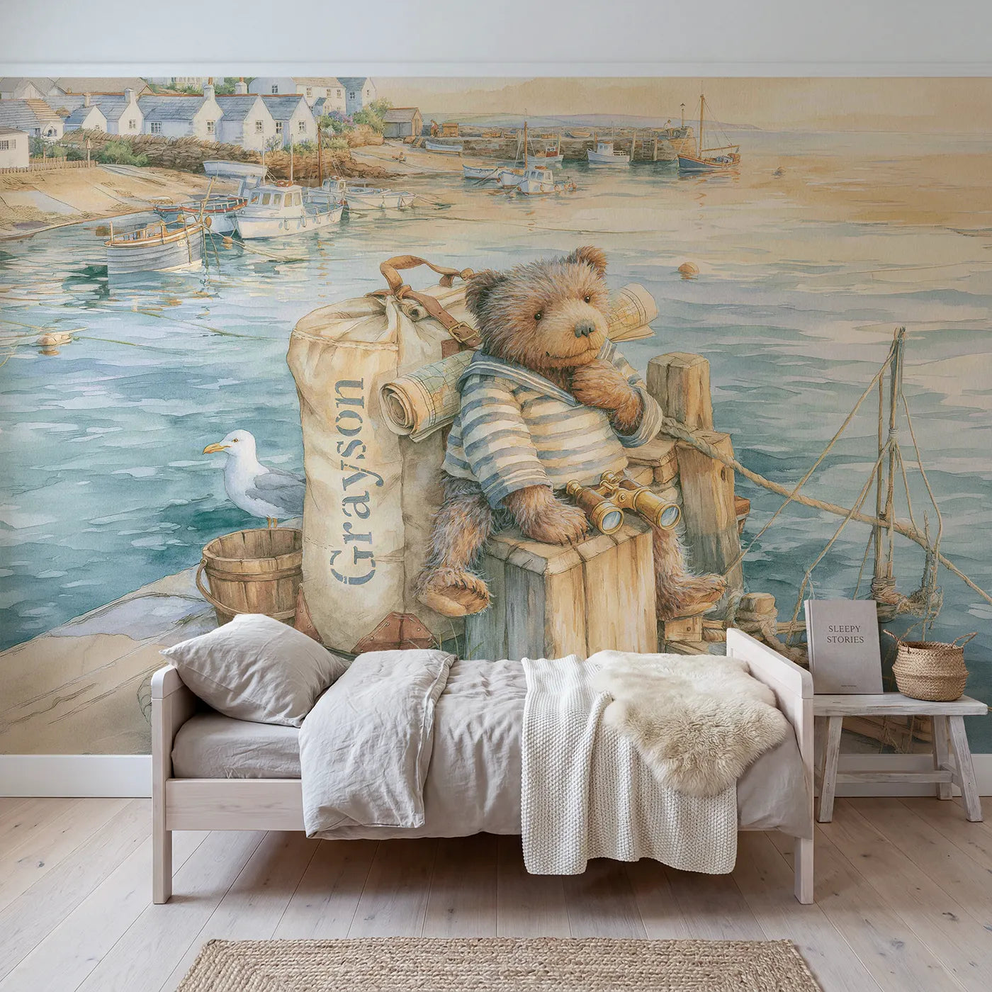 Storybook sailor bear duffel personalized wall mural with stencilled canvas name by Whimsy Tots
