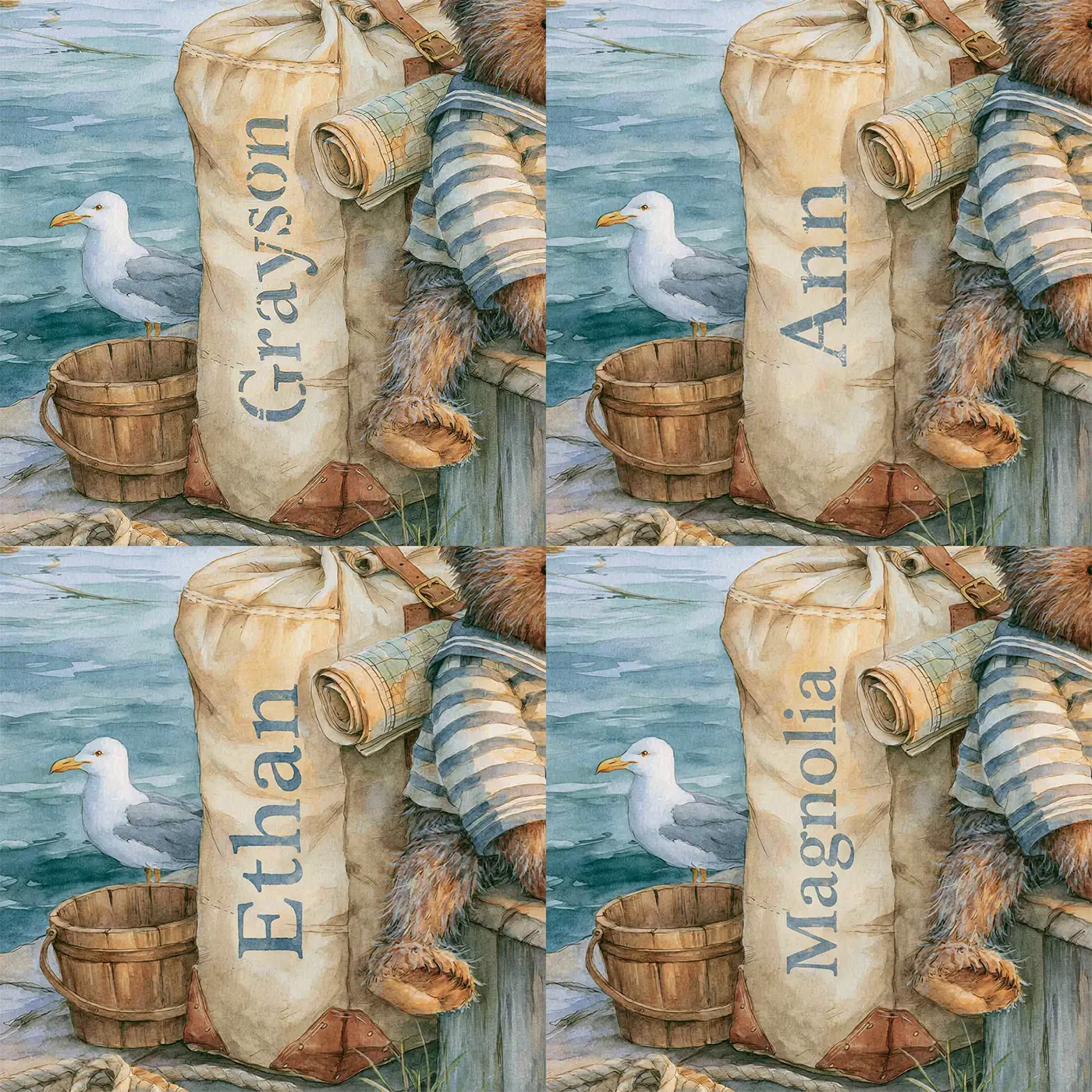 Four name preview examples of Sailor Bears Duffel Personalized Wall Mural by Whimsy Tots