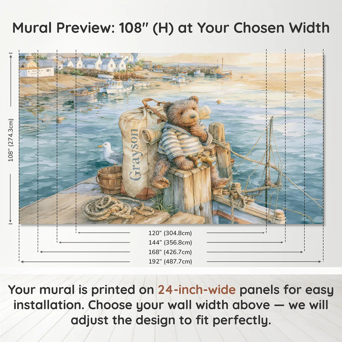 Panel layout and dimensions for Sailor Bears Duffel Personalized Wall Mural by Whimsy Tots