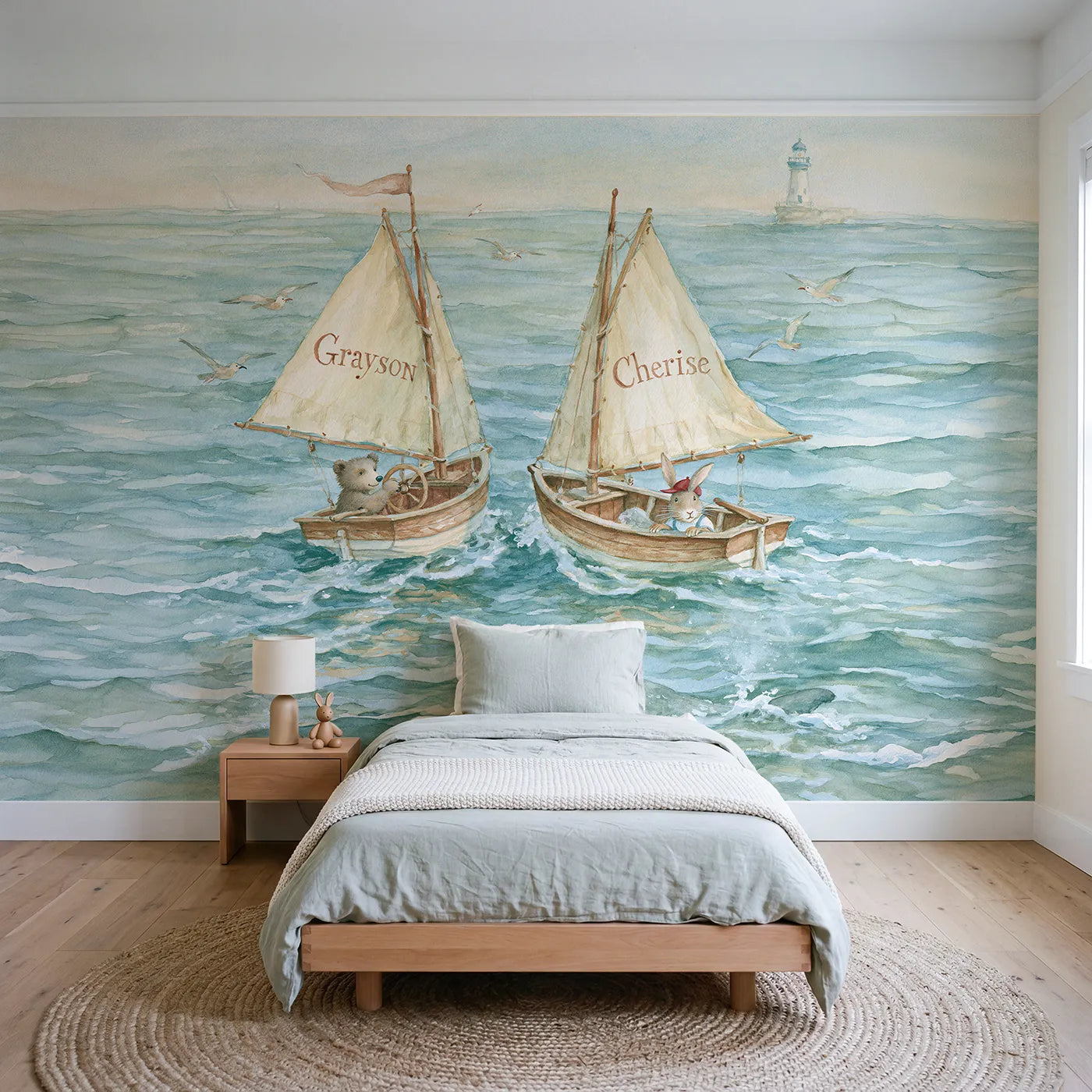 Storybook two little sailboats personalized wall mural with painted sibling sails by Whimsy Tots