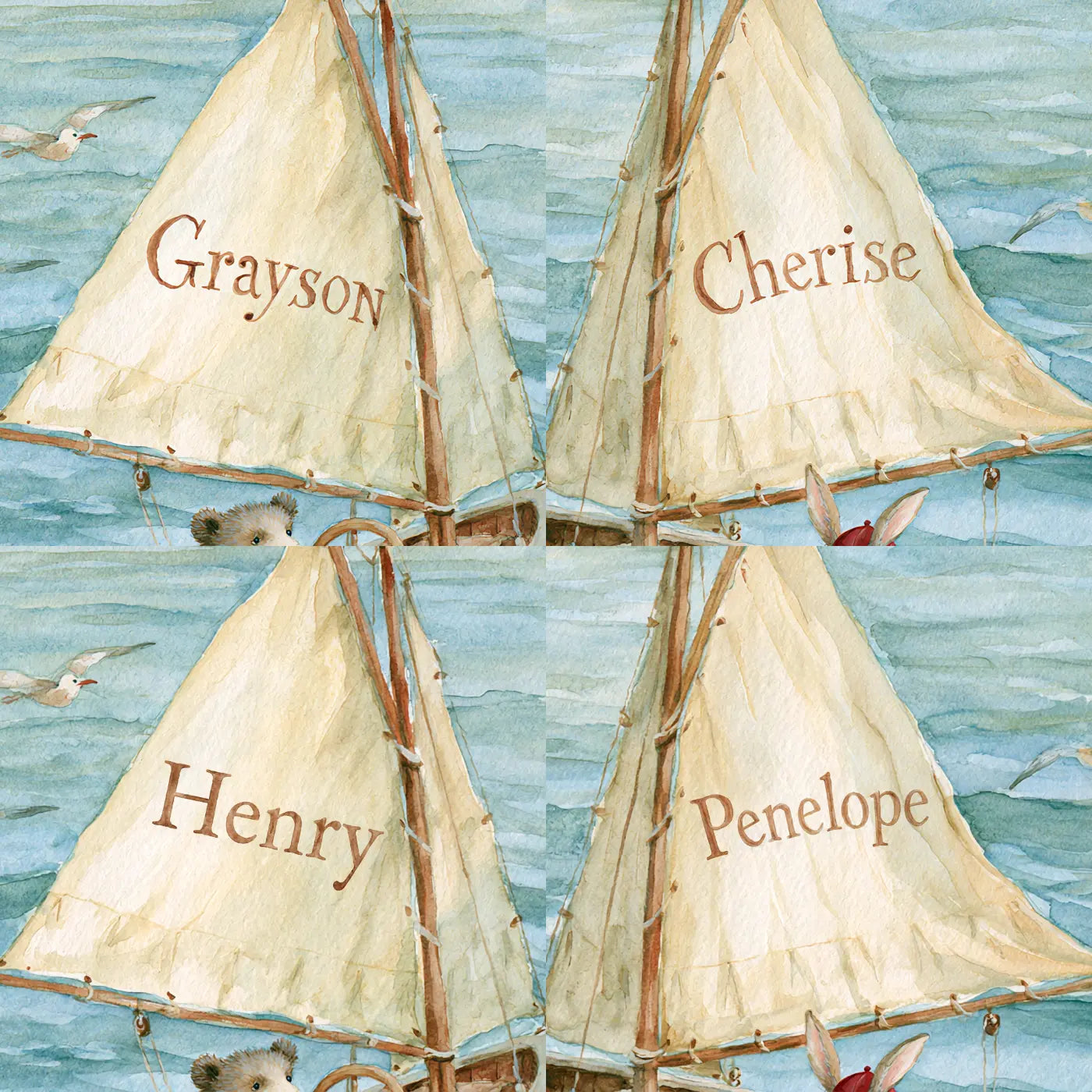Four name preview examples of Two Little Sailboats Personalized Wall Mural by Whimsy Tots