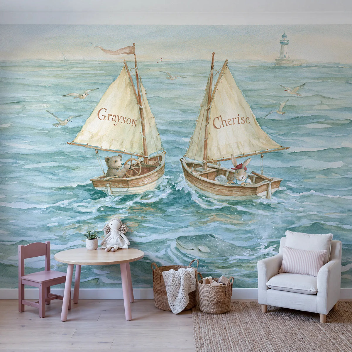 Two Little Sailboats Personalized Wall Mural in playroom setting by Whimsy Tots