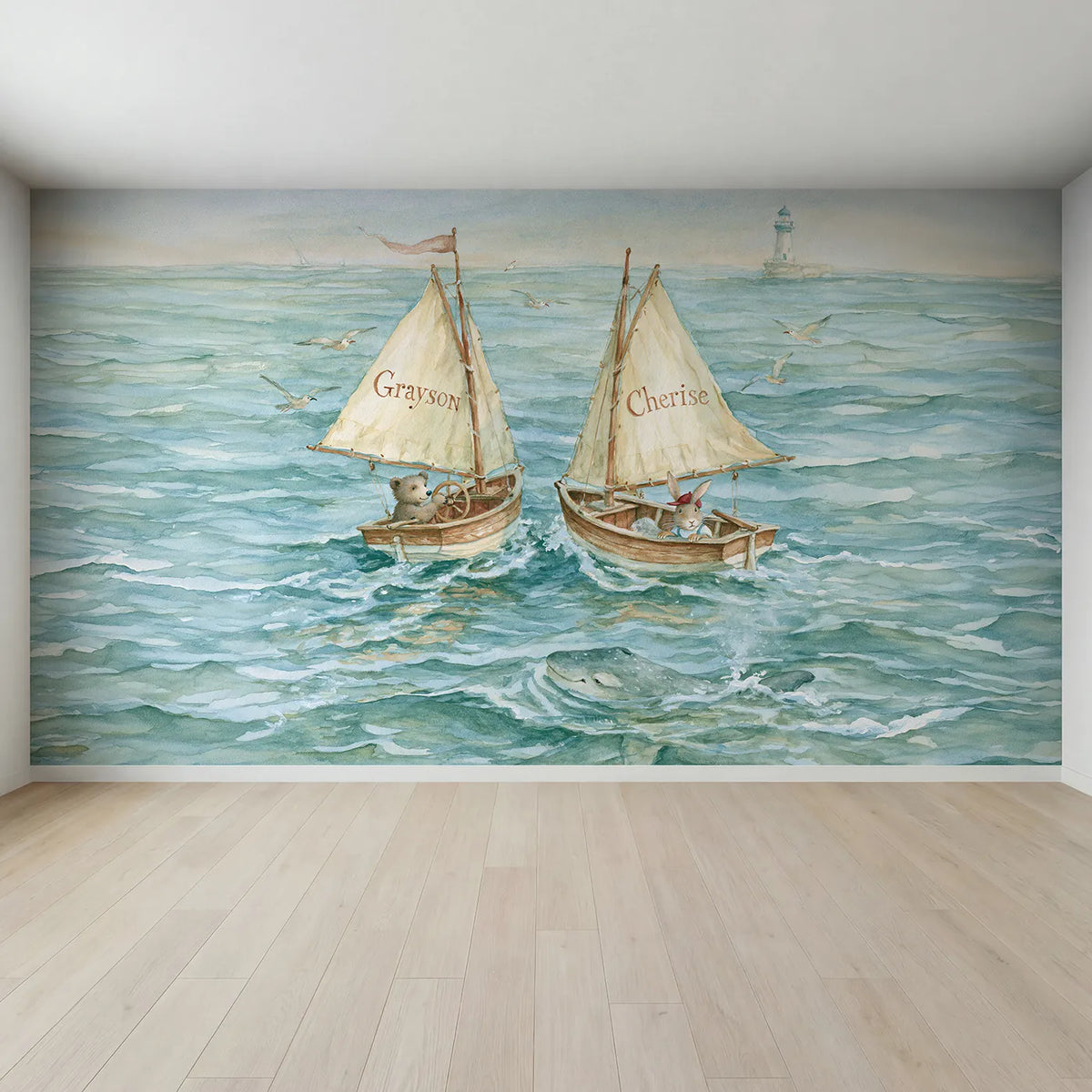 Full view of Two Little Sailboats Personalized Wall Mural by Whimsy Tots