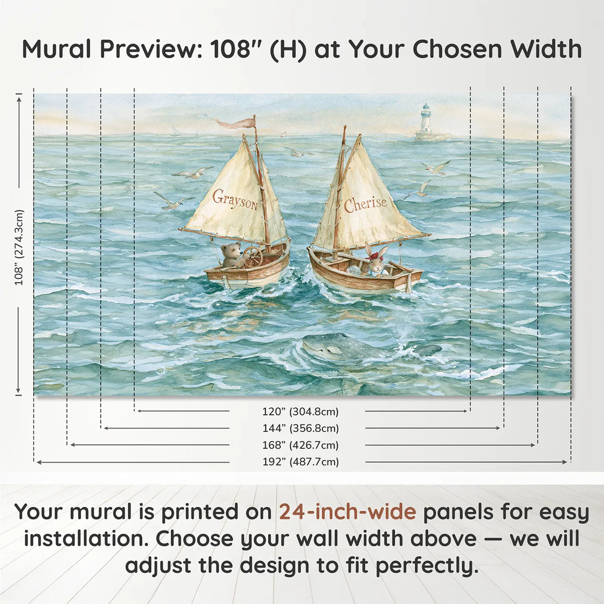 Panel layout and dimensions for Two Little Sailboats Personalized Wall Mural by Whimsy Tots