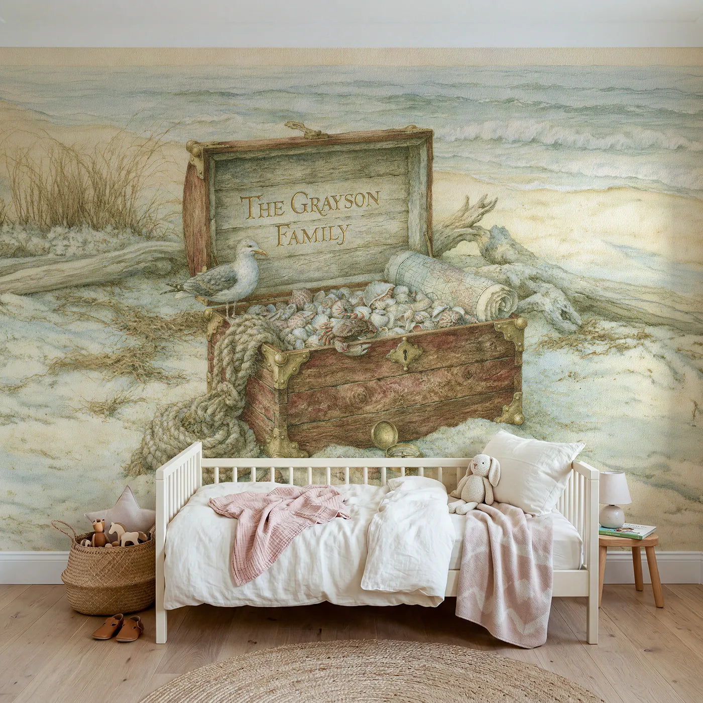 Storybook family sea chest personalized wall mural with deep gilded lid name by Whimsy Tots