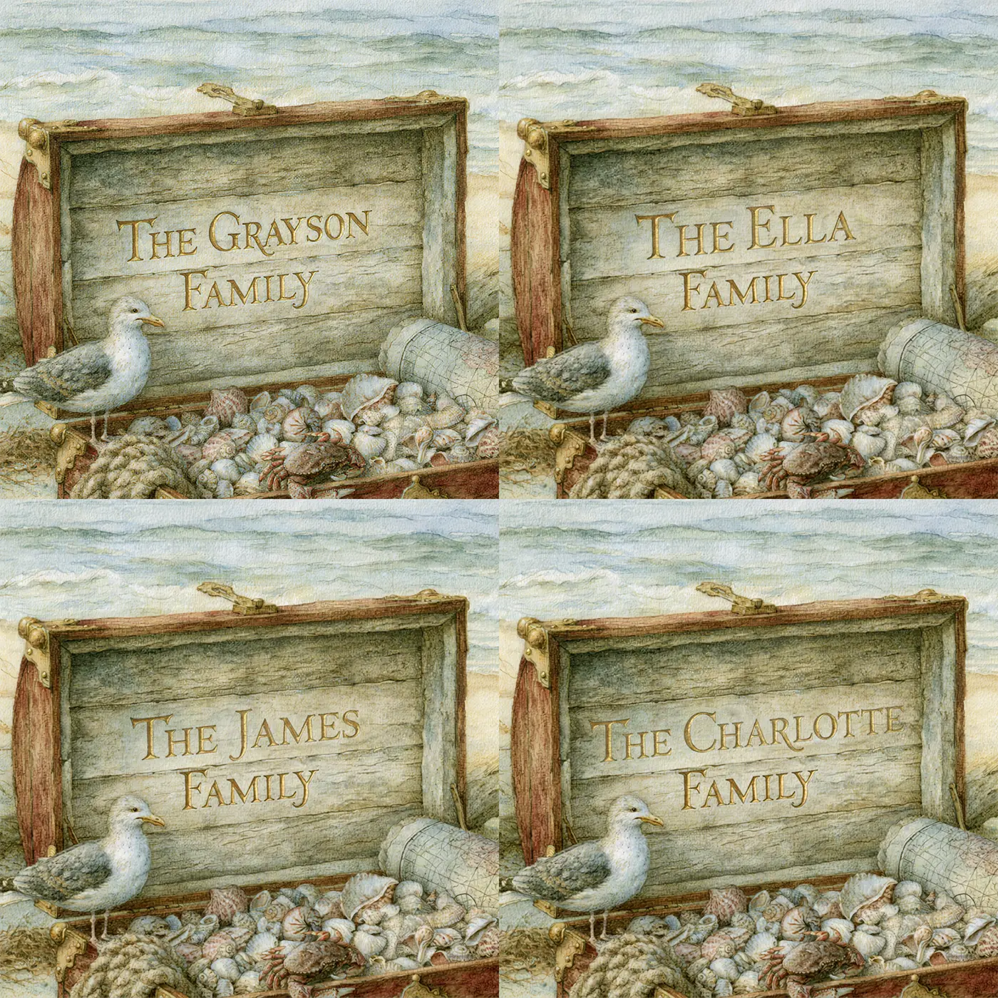 Four name preview examples of Family Sea Chest Personalized Wall Mural by Whimsy Tots