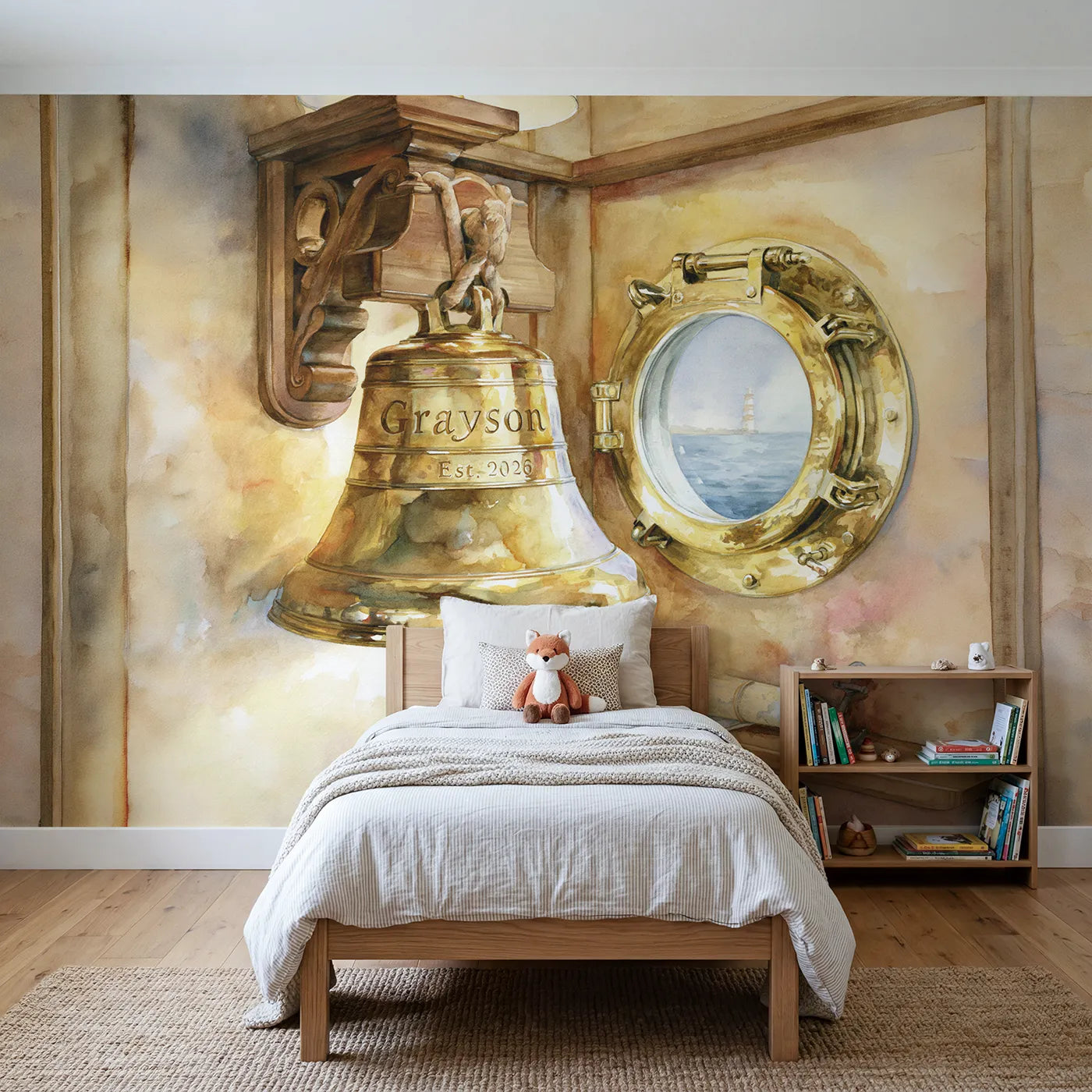 Watercolor brass ship bell personalized wall mural with engraved curve and year by Whimsy Tots