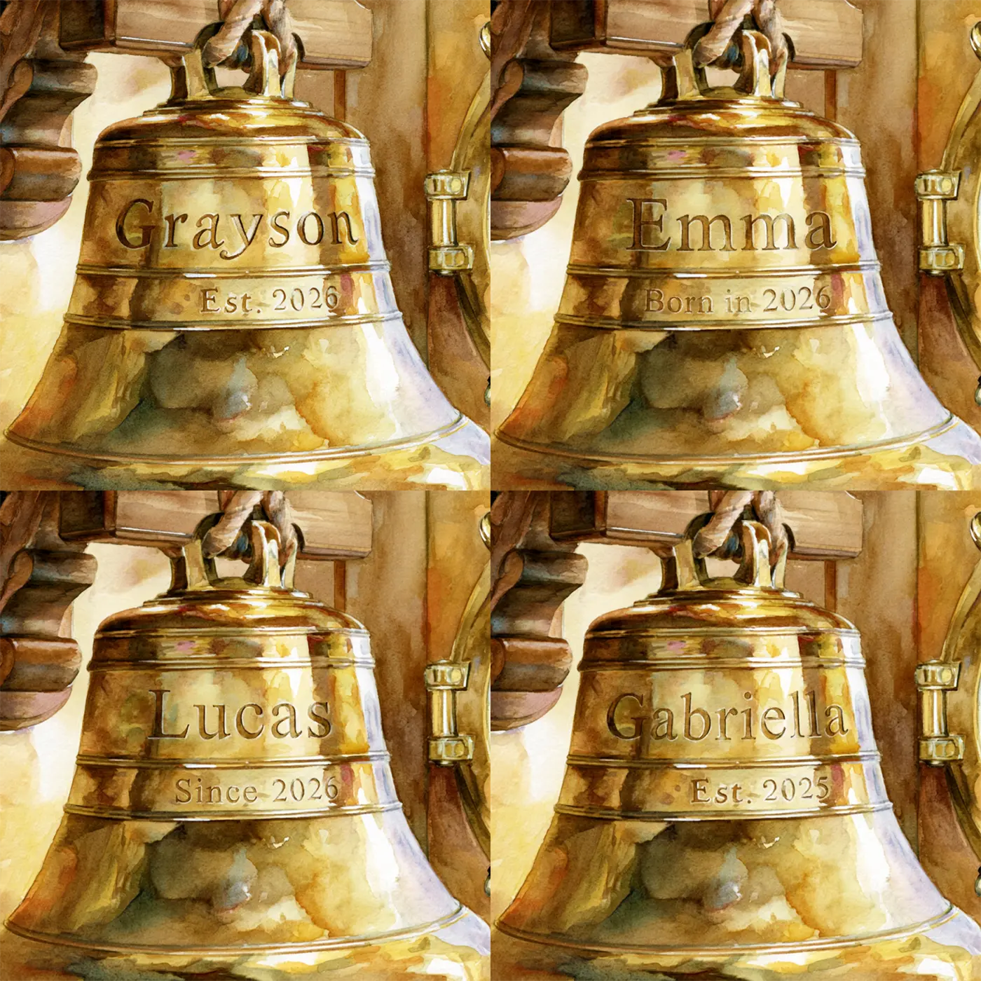 Four name preview examples of Ships Bell Keepsake Personalized Wall Mural by Whimsy Tots