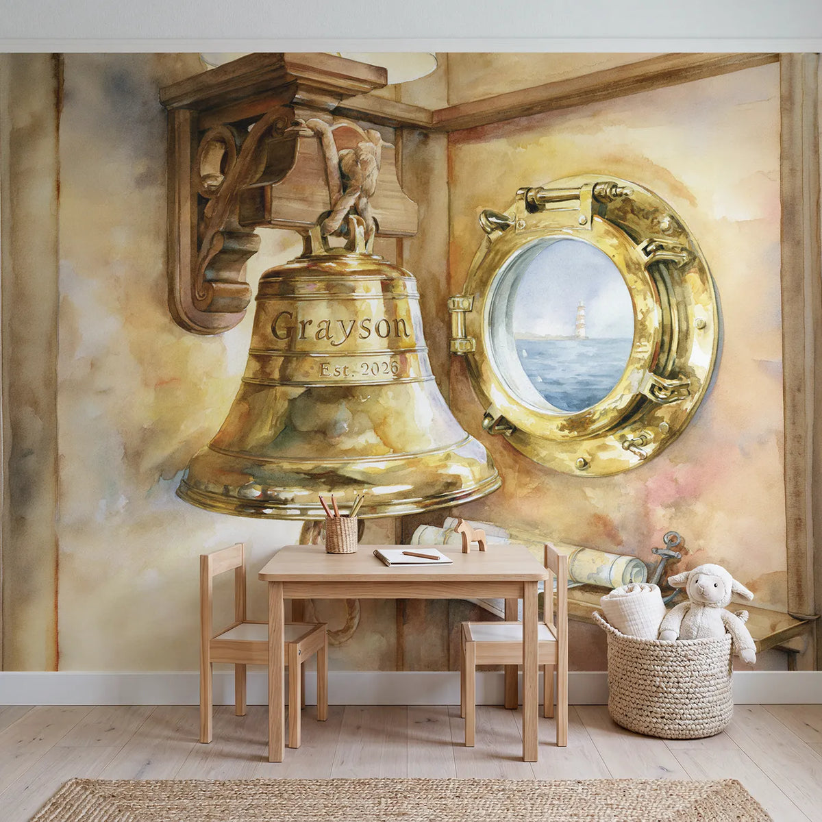 Ships Bell Keepsake Personalized Wall Mural in playroom setting by Whimsy Tots