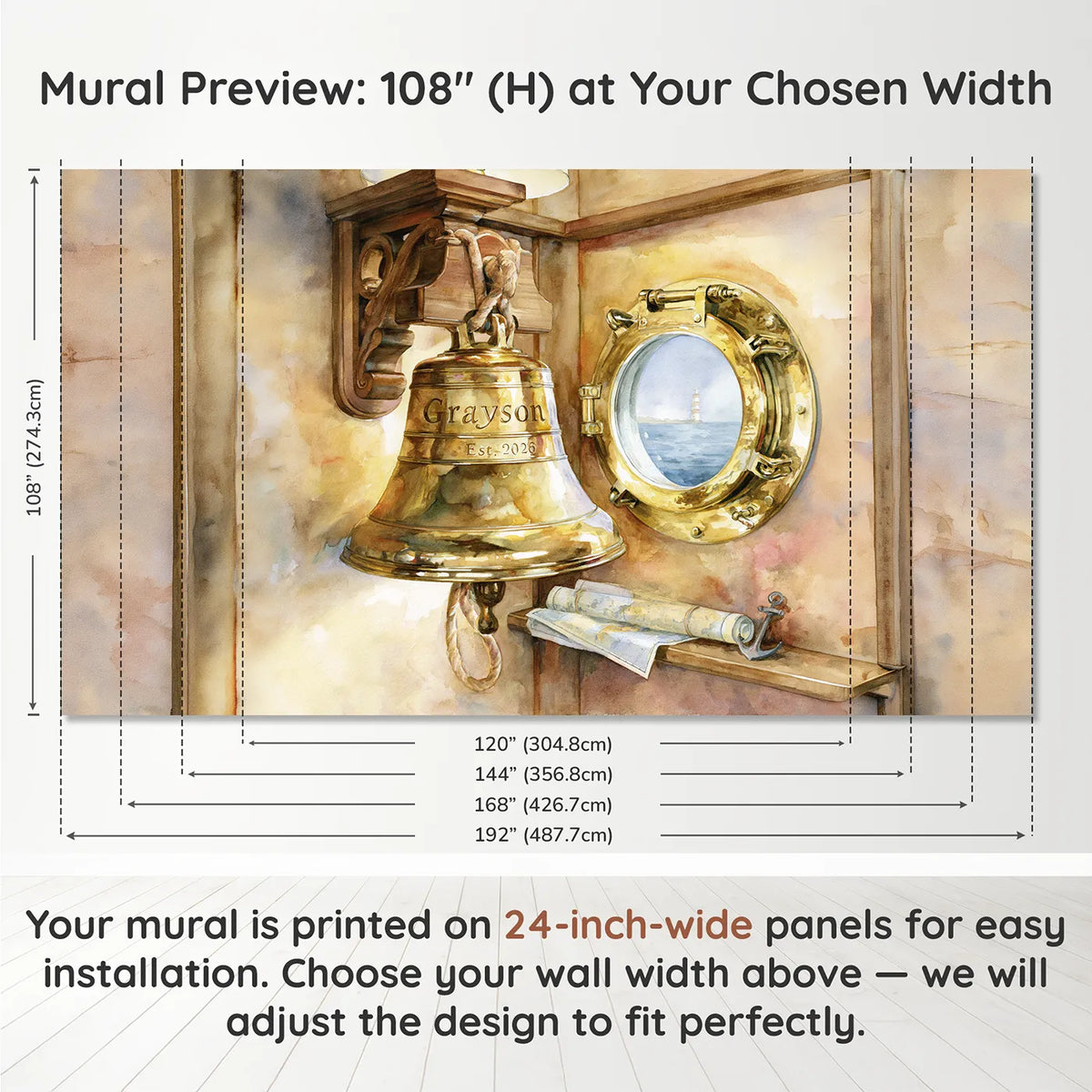 Panel layout and dimensions for Ships Bell Keepsake Personalized Wall Mural by Whimsy Tots