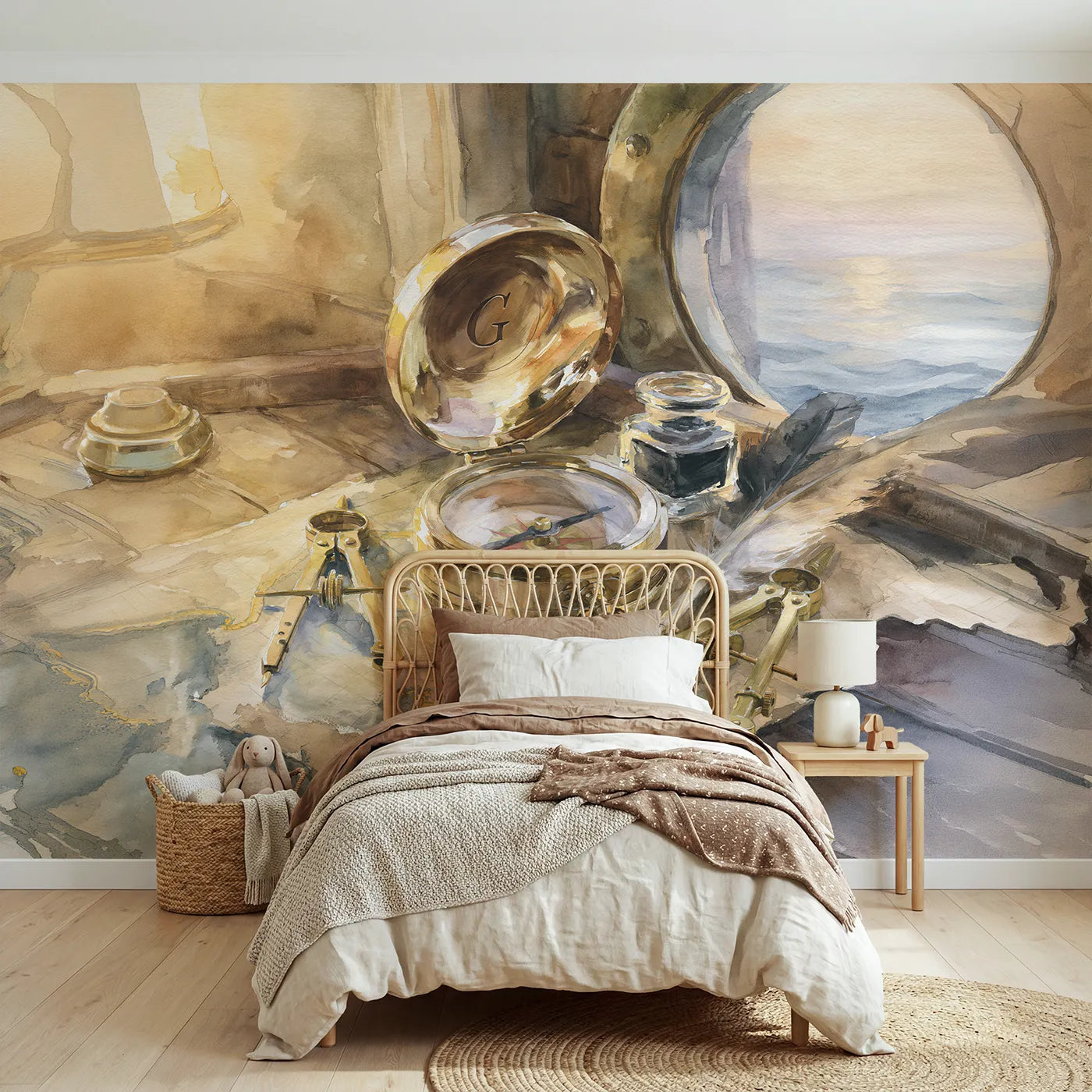 Watercolor brass compass personalized wall mural with engraved lid initial by Whimsy Tots