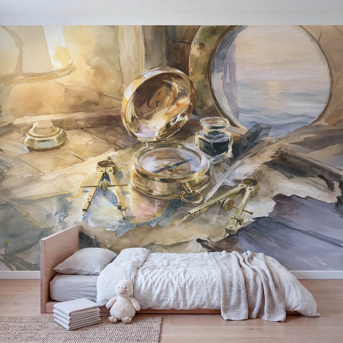 Brass Compass Keepsake Personalized Wall Mural in playroom setting by Whimsy Tots