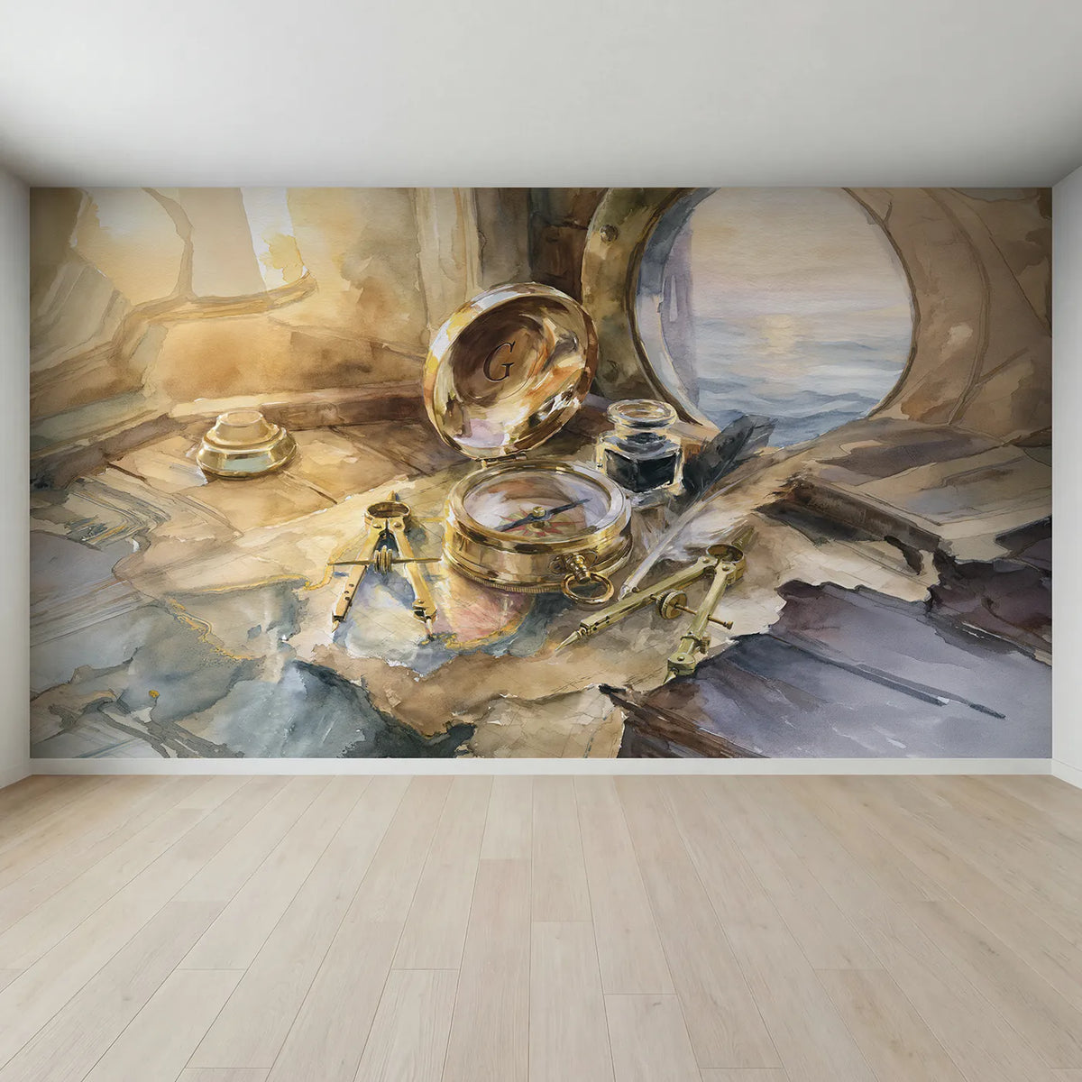 Full view of Brass Compass Keepsake Personalized Wall Mural by Whimsy Tots