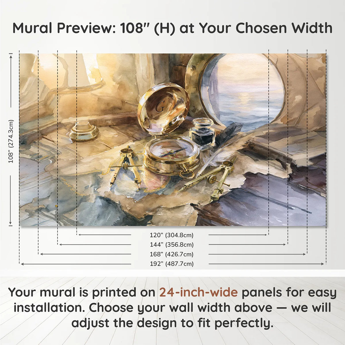 Panel layout and dimensions for Brass Compass Keepsake Personalized Wall Mural by Whimsy Tots