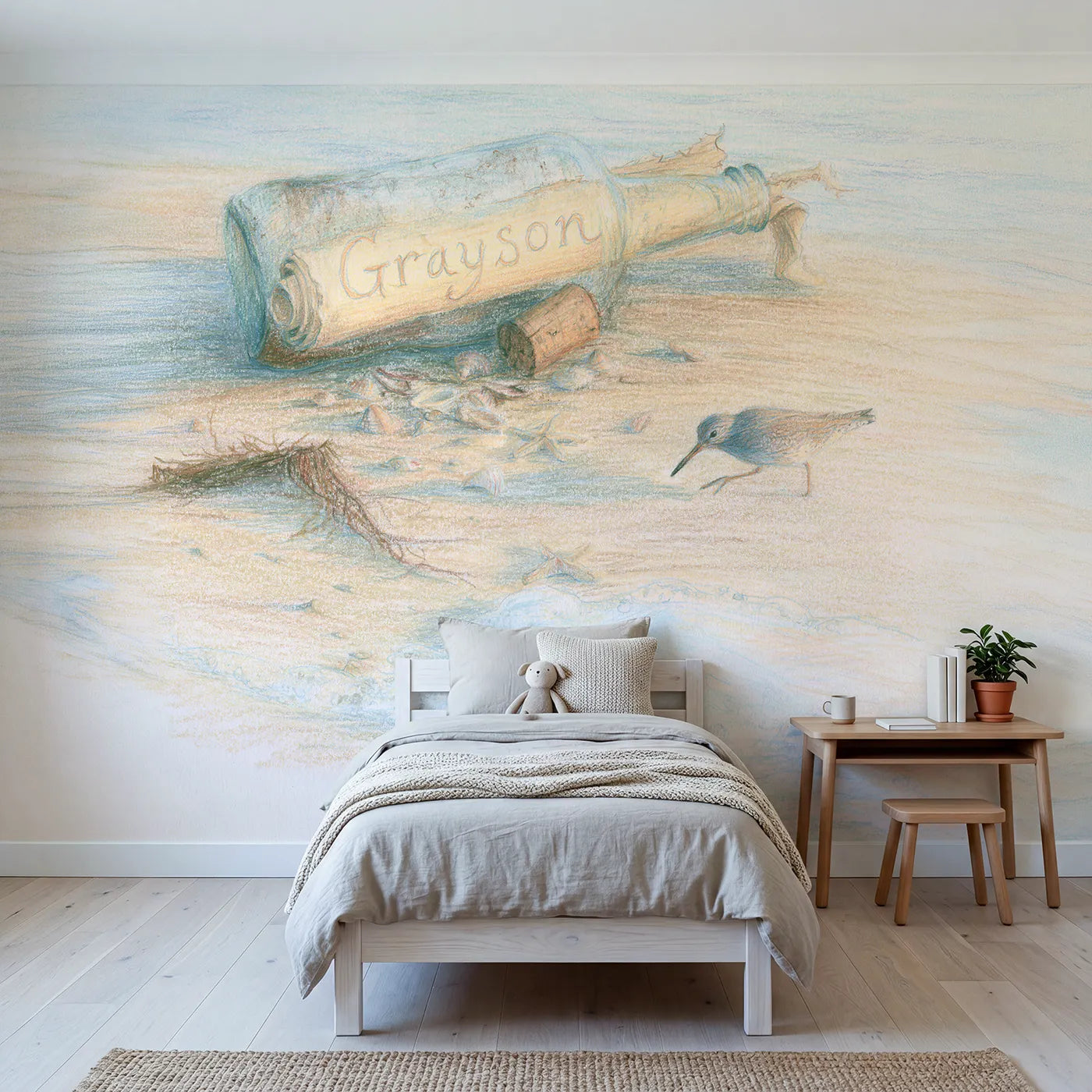 Colored pencil message bottle personalized wall mural with hand-lettered rolled paper by Whimsy Tots