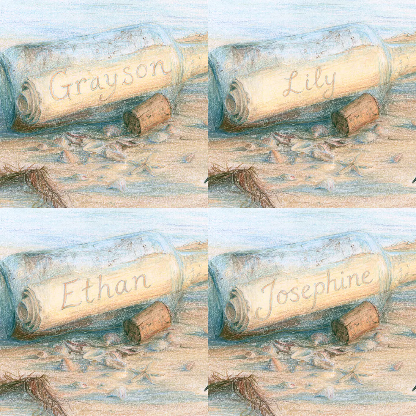Four name preview examples of Message in a Bottle Personalized Wall Mural by Whimsy Tots