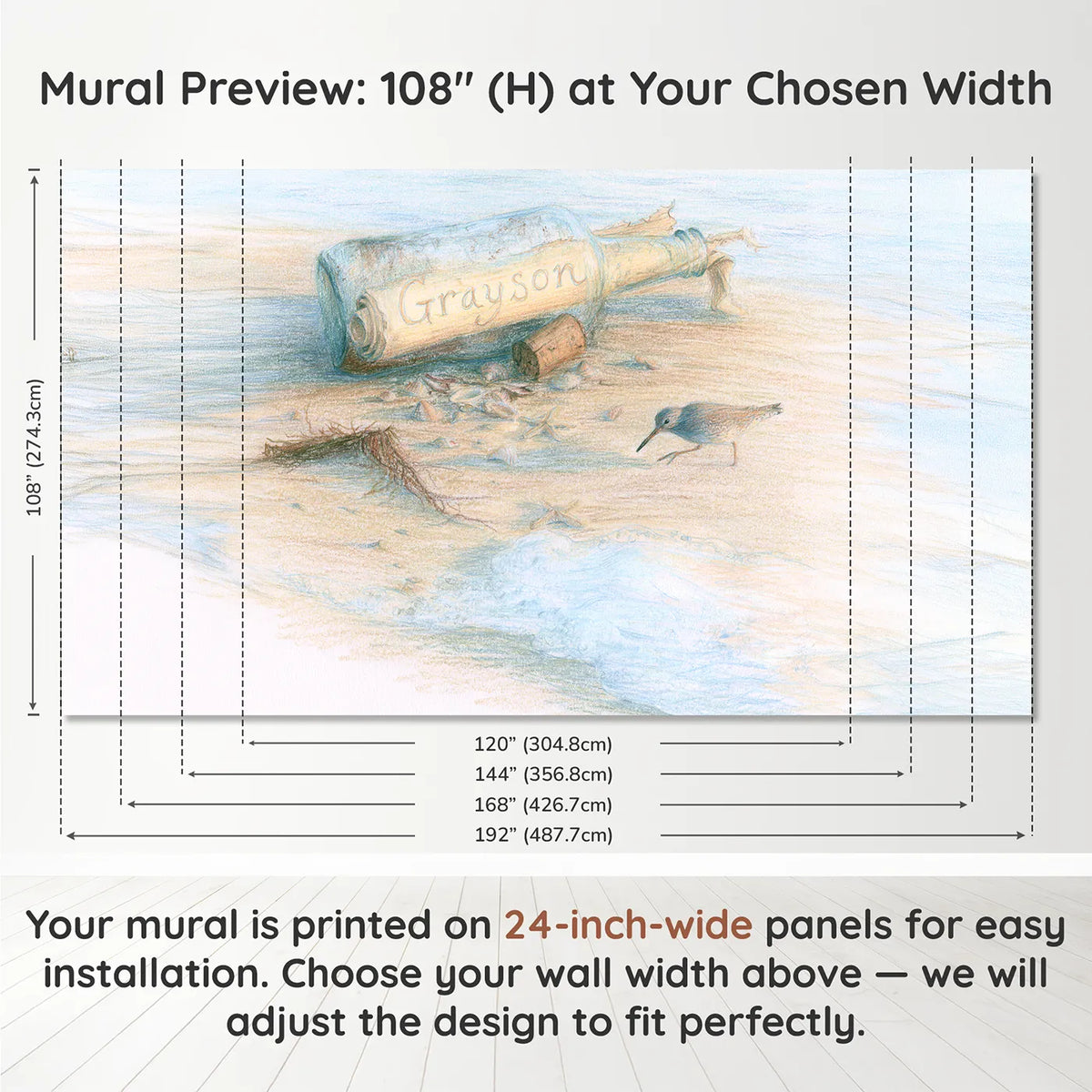 Panel layout and dimensions for Message in a Bottle Personalized Wall Mural by Whimsy Tots