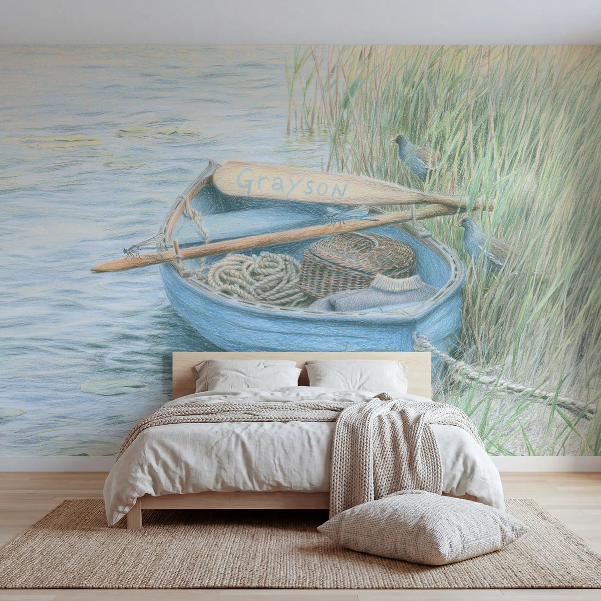 Colored pencil rowing boat oar personalized wall mural with painted blade name by Whimsy Tots