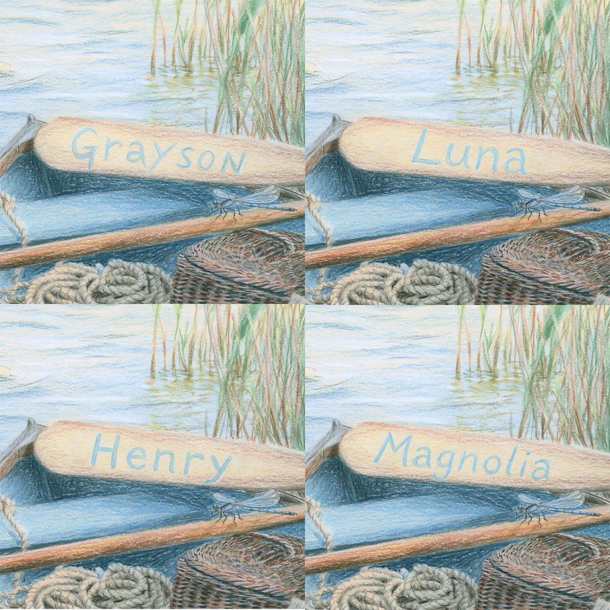 Four name preview examples of Rowing Boat Oar Personalized Wall Mural by Whimsy Tots