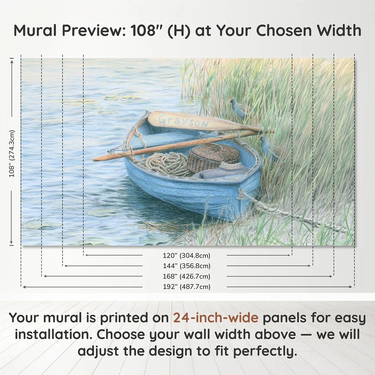 Panel layout and dimensions for Rowing Boat Oar Personalized Wall Mural by Whimsy Tots