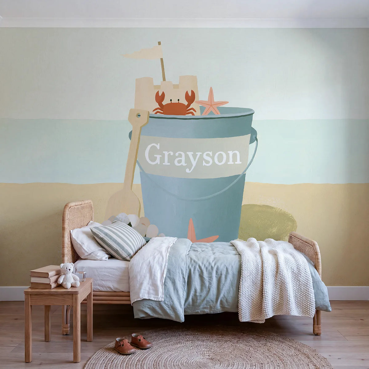 Modern illustration beach bucket personalized wall mural with painted middle band by Whimsy Tots