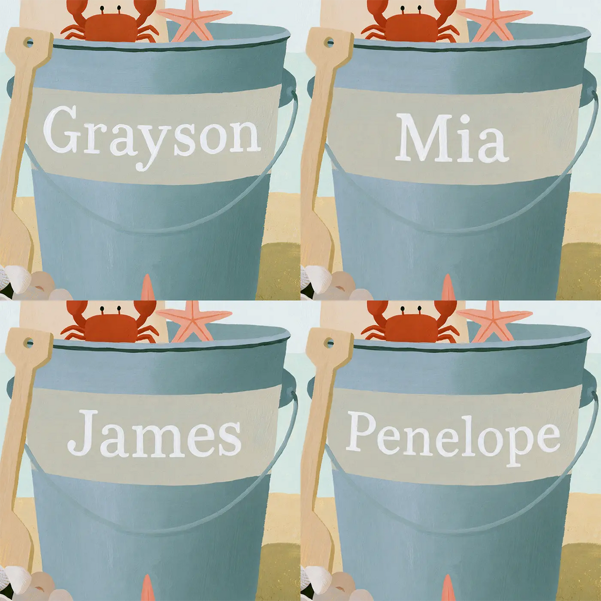 Four name preview examples of Flat Beach Bucket Personalized Wall Mural by Whimsy Tots
