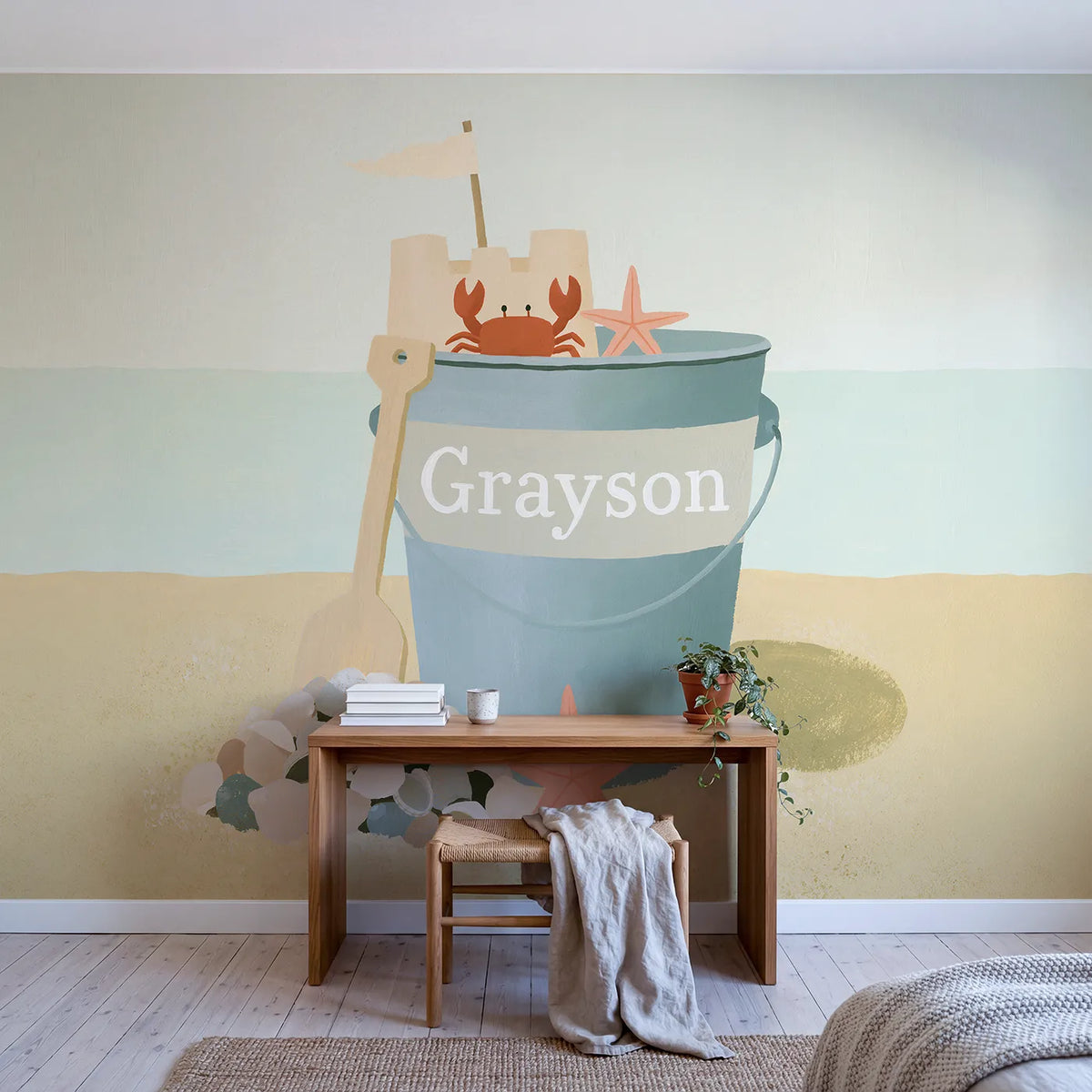 Flat Beach Bucket Personalized Wall Mural in playroom setting by Whimsy Tots