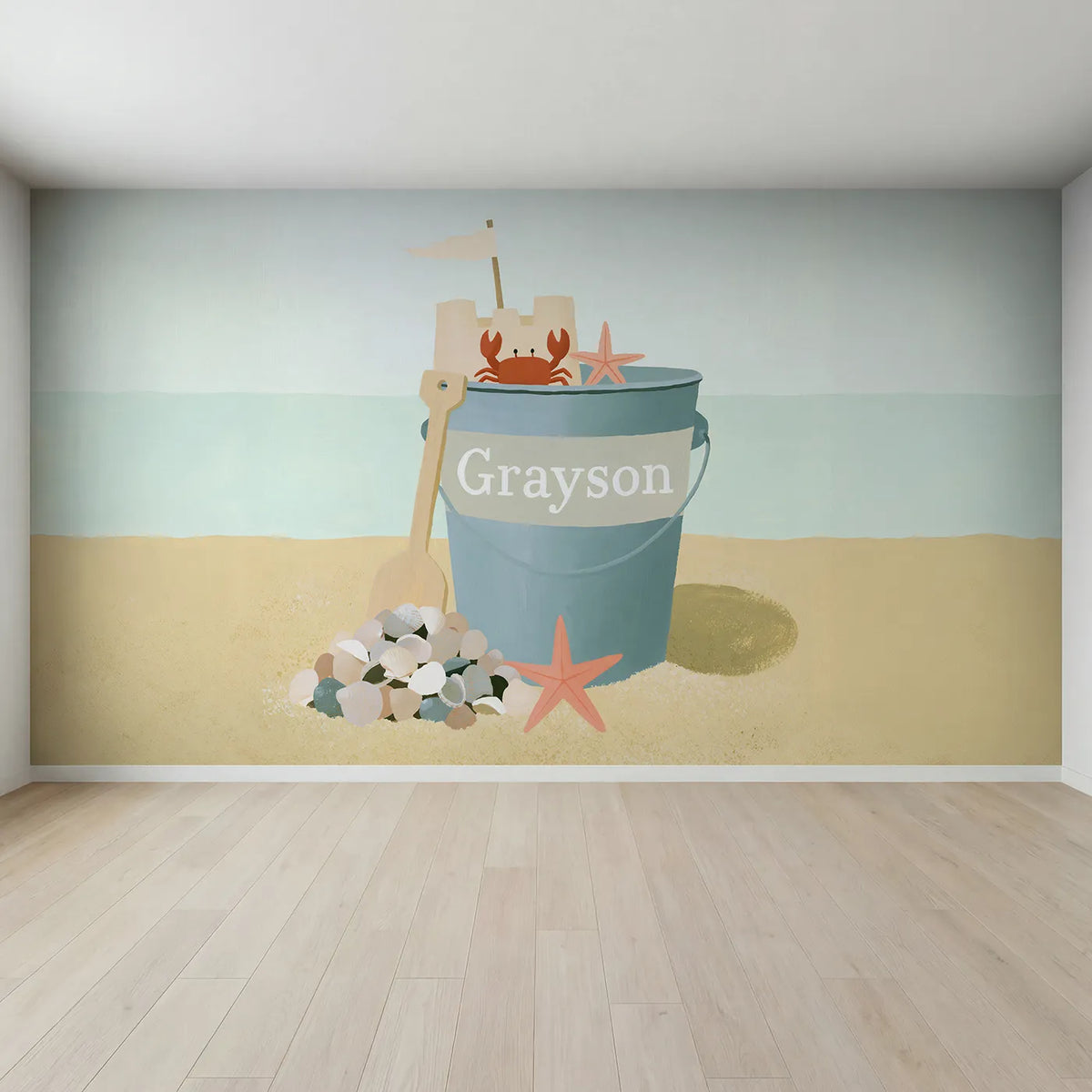 Full view of Flat Beach Bucket Personalized Wall Mural by Whimsy Tots