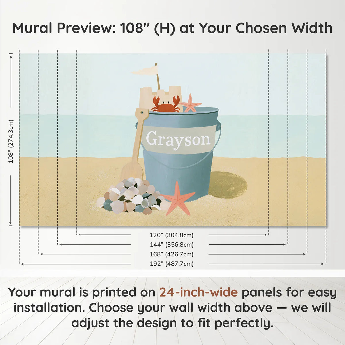 Panel layout and dimensions for Flat Beach Bucket Personalized Wall Mural by Whimsy Tots