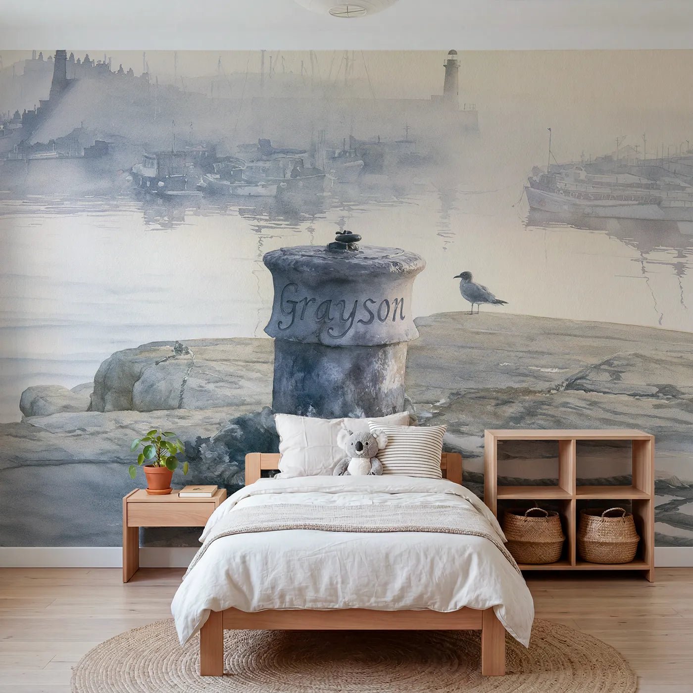 Watercolor misty harbour bollard personalized wall mural with carved collar script by Whimsy Tots