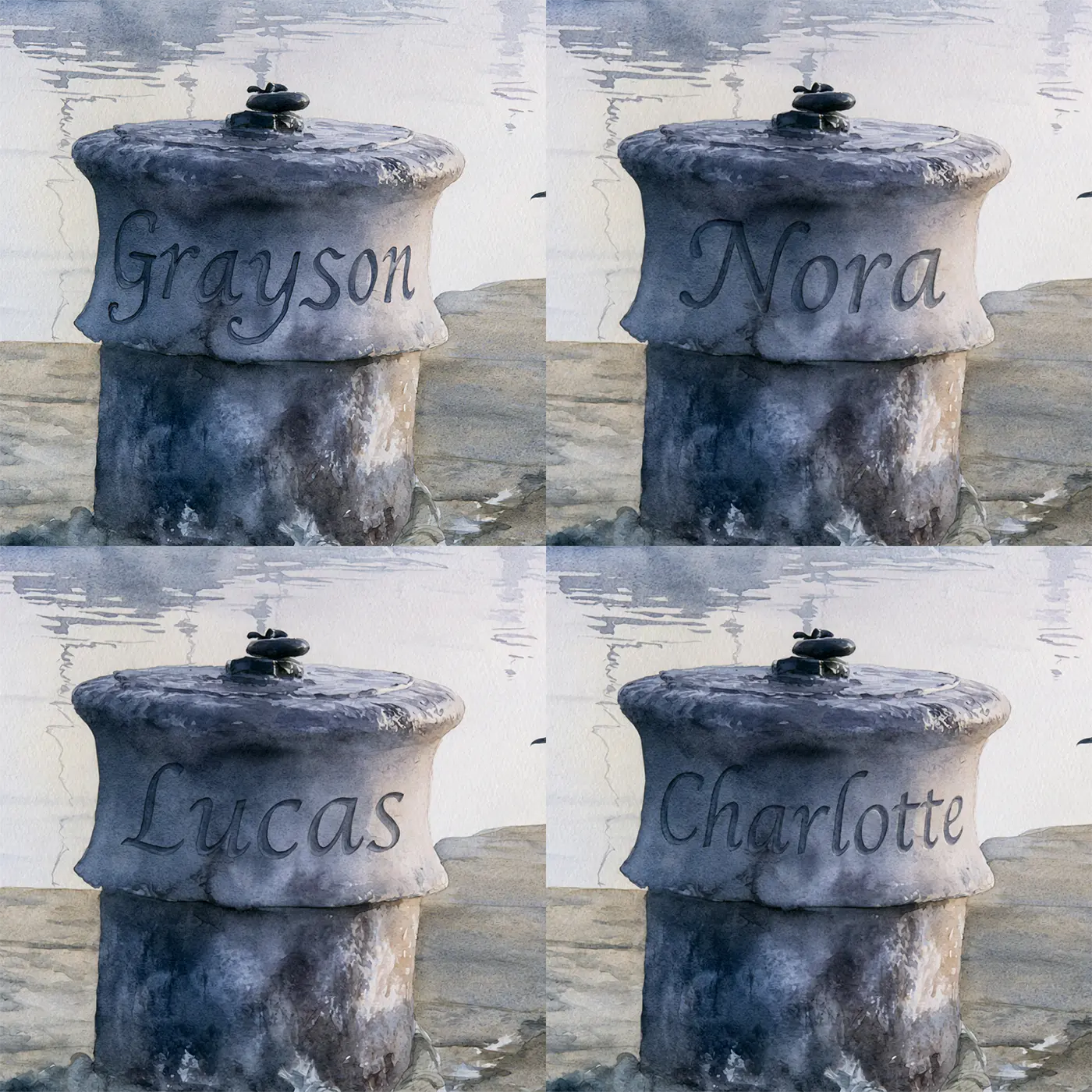 Four name preview examples of Misty Harbour Bollard Personalized Wall Mural by Whimsy Tots