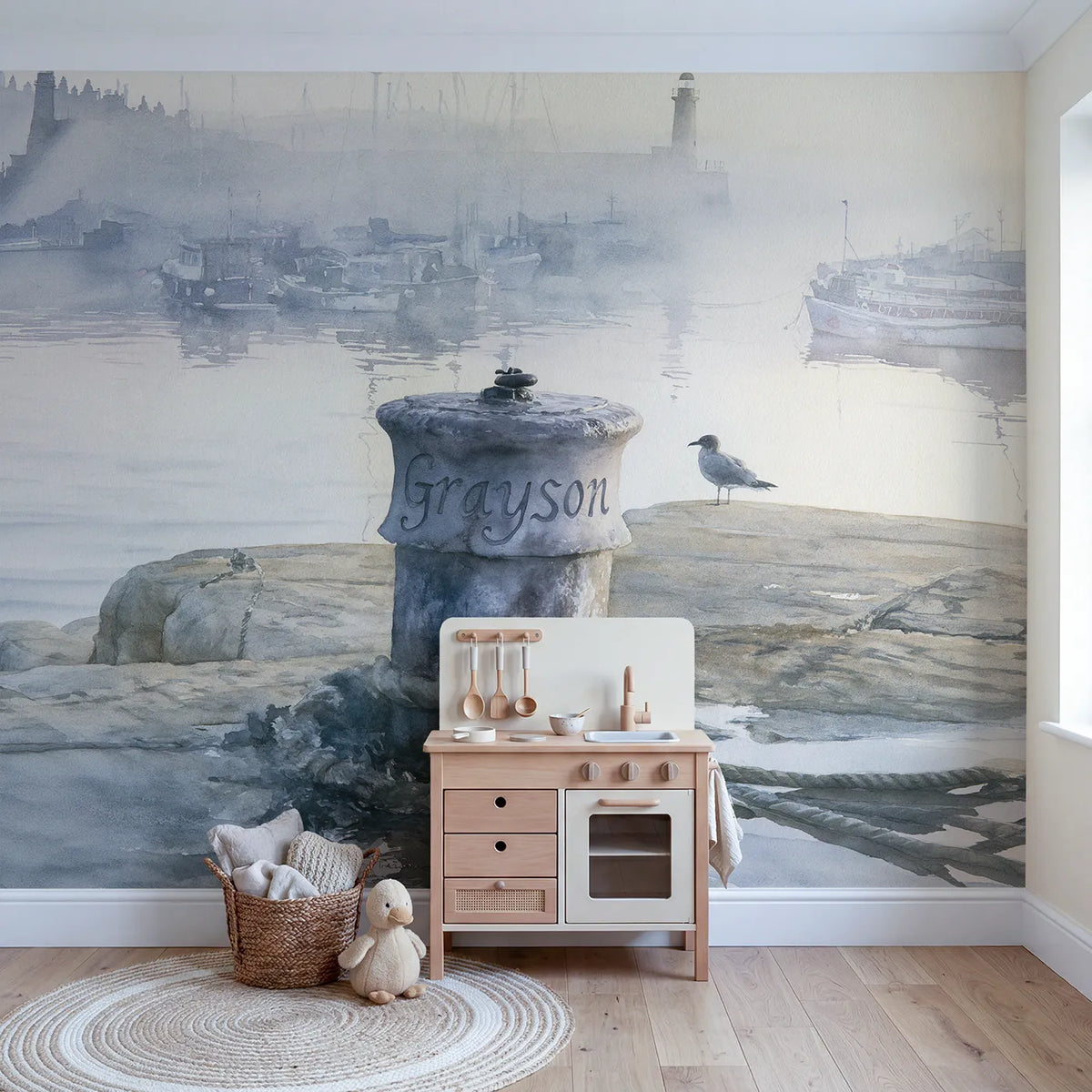 Misty Harbour Bollard Personalized Wall Mural in playroom setting by Whimsy Tots