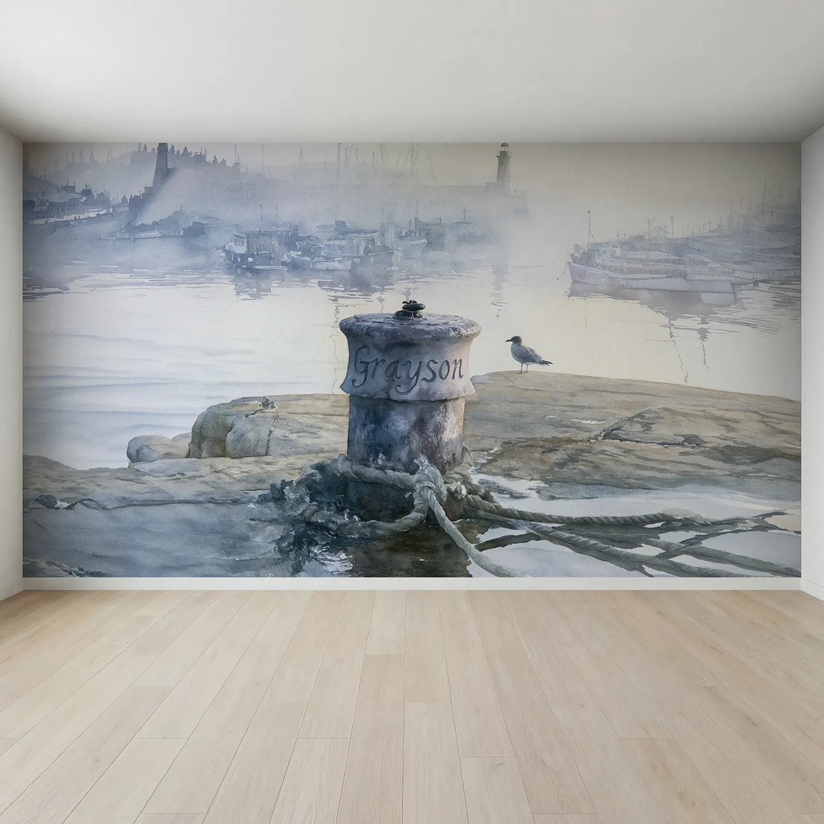 Full view of Misty Harbour Bollard Personalized Wall Mural by Whimsy Tots