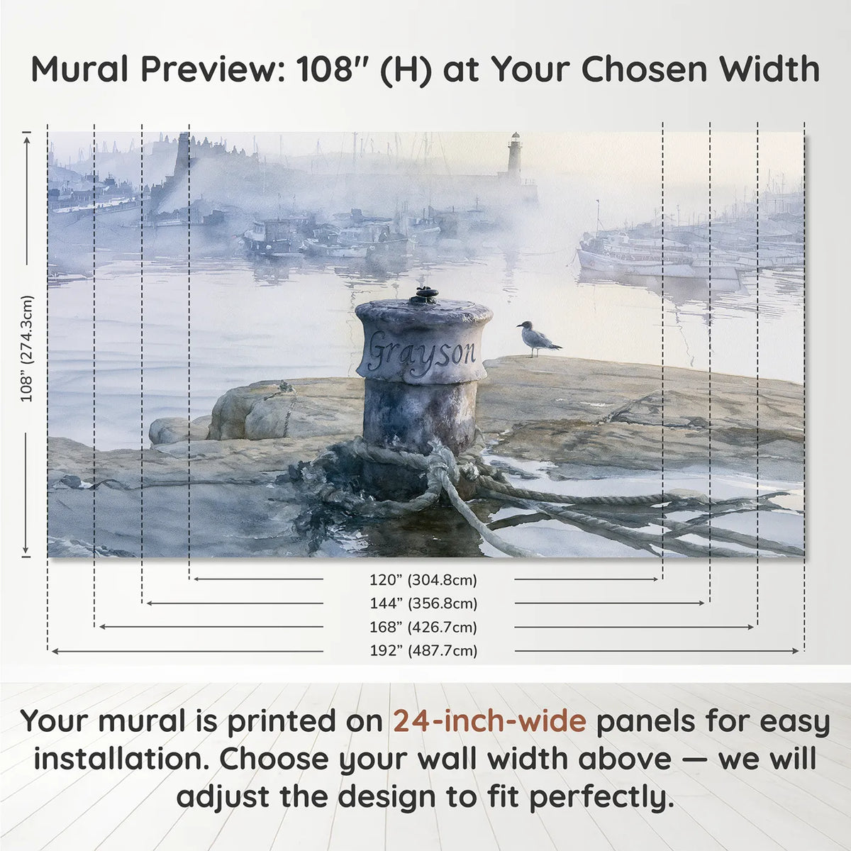 Panel layout and dimensions for Misty Harbour Bollard Personalized Wall Mural by Whimsy Tots