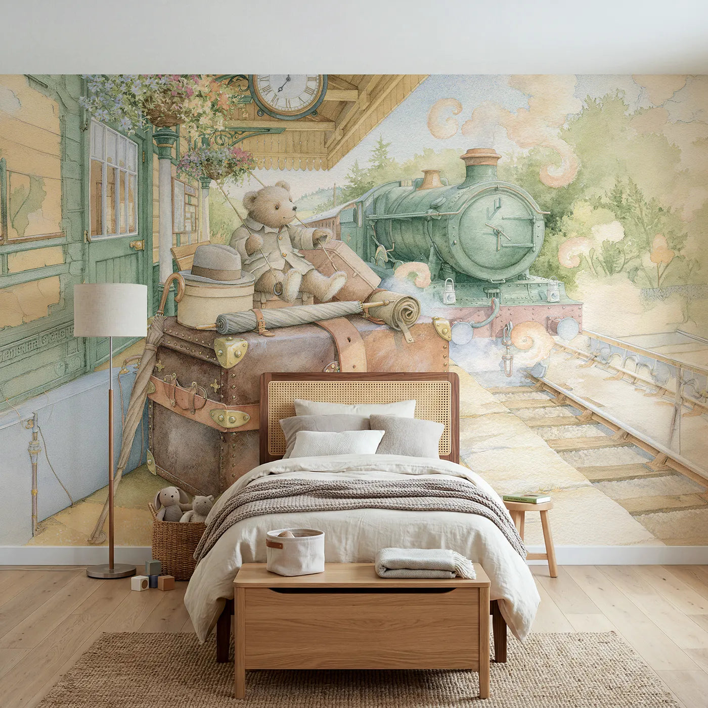 Storybook vintage travel trunk personalized wall mural with gold stamped strap by Whimsy Tots