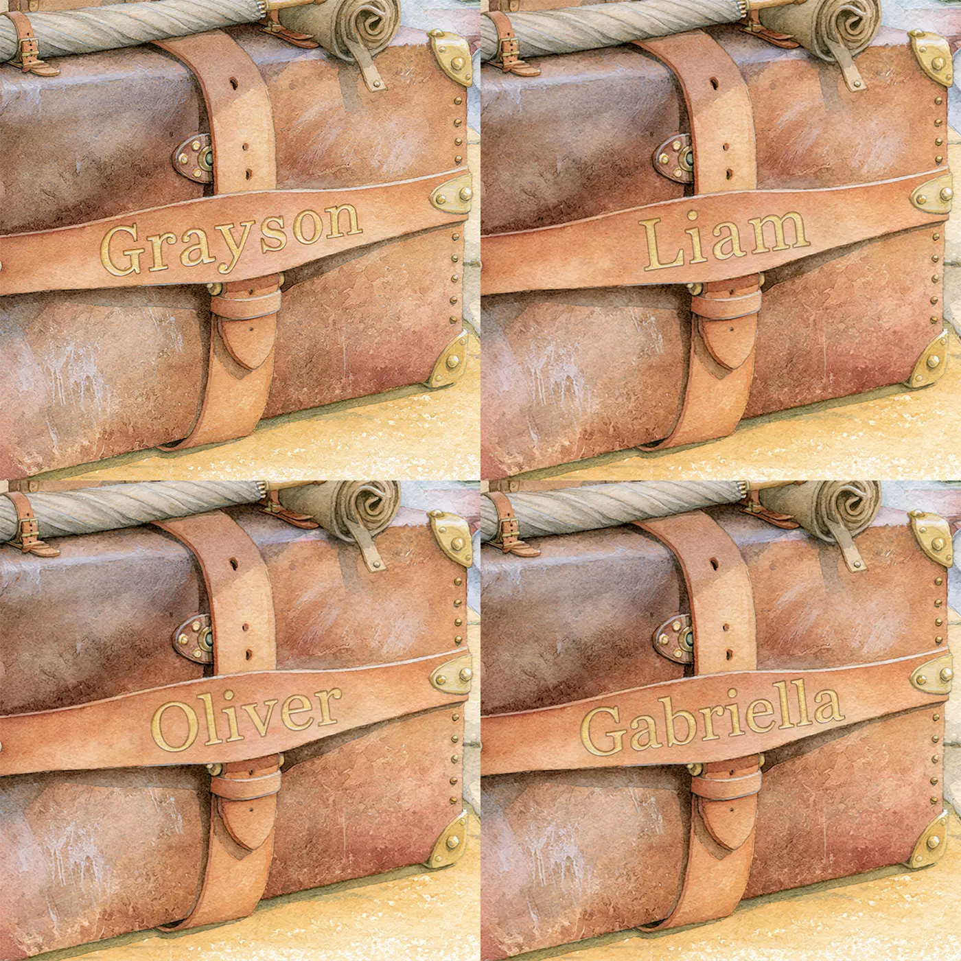 Four name preview examples of Vintage Travel Trunk Personalized Wall Mural by Whimsy Tots